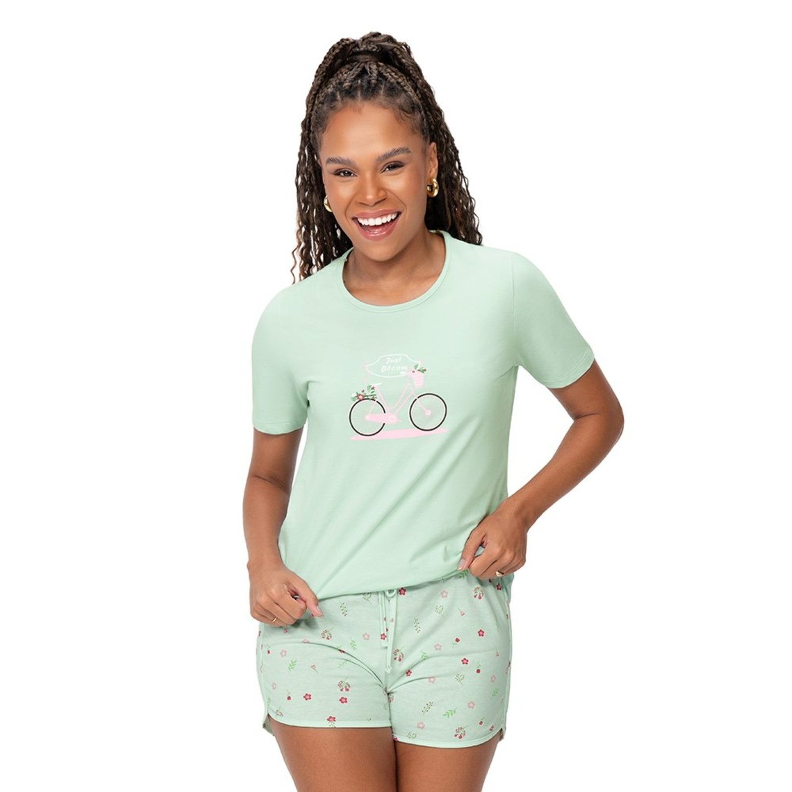 Pijama Feminino Camiseta Manga Curta e Shorts Verde em Algodão