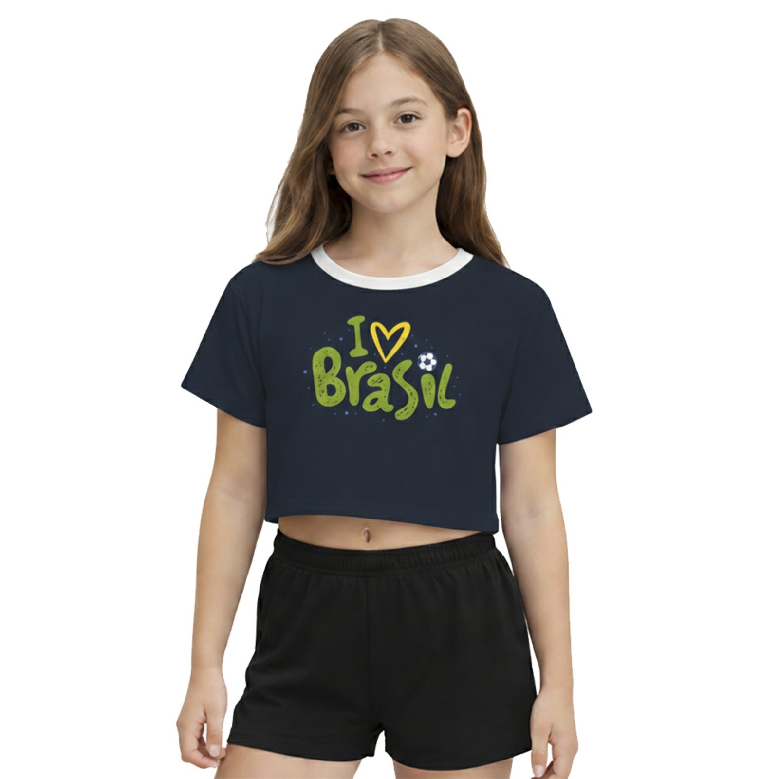 Infantil - Camiseta Cropped Juvenil Look Jeans I Love Brasil
