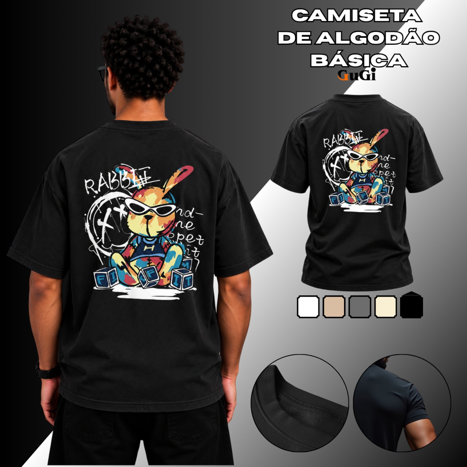 Camiseta Masculina Rabbit Óculos De Sol 100% Algodão 30.1 Preto