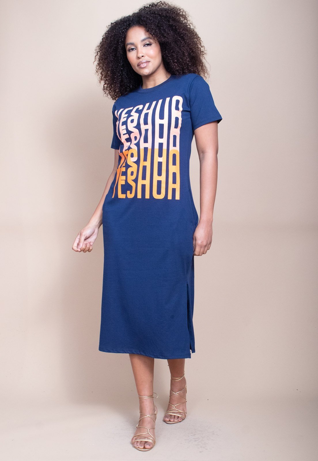 Vestido Cabanafree Midi Algodão Manga Curta Moda Evangélica Azul Marinho