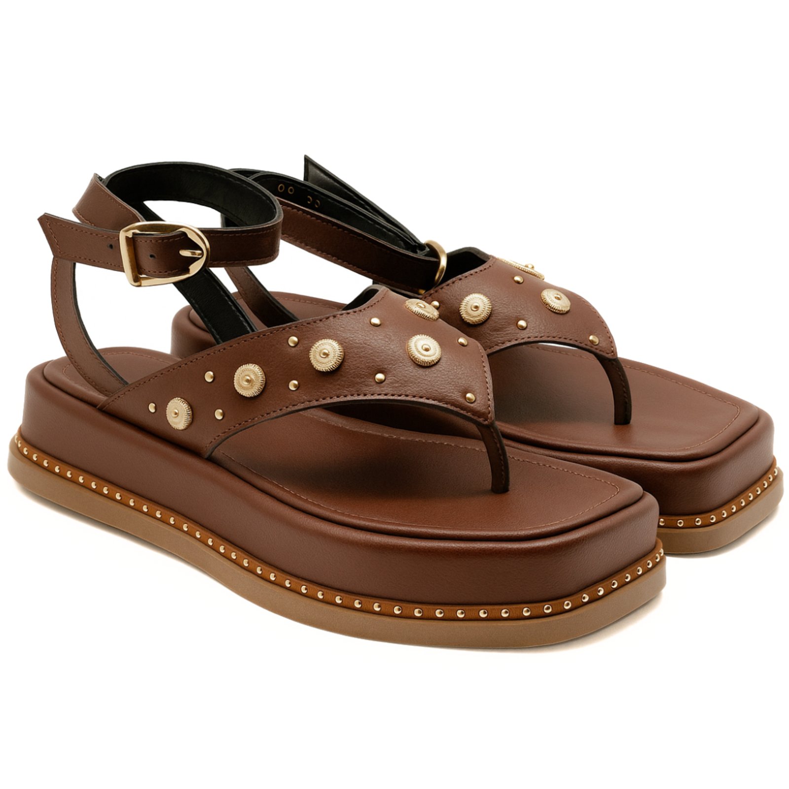 Sandália Flatform Feminina Papete Tiras Fivela 23402 Floter Cacau Flor Da Pele