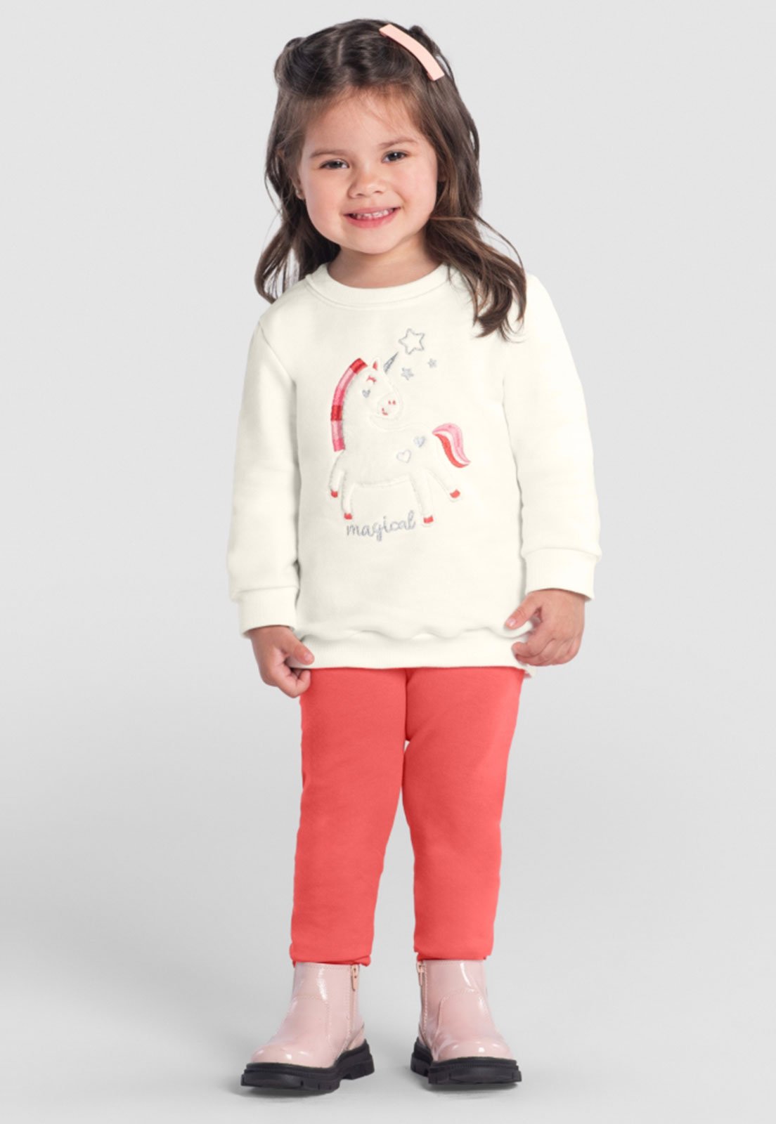 Conjunto 2pçs Manga Longa Brandili Blusa E Calça Legging Off-White