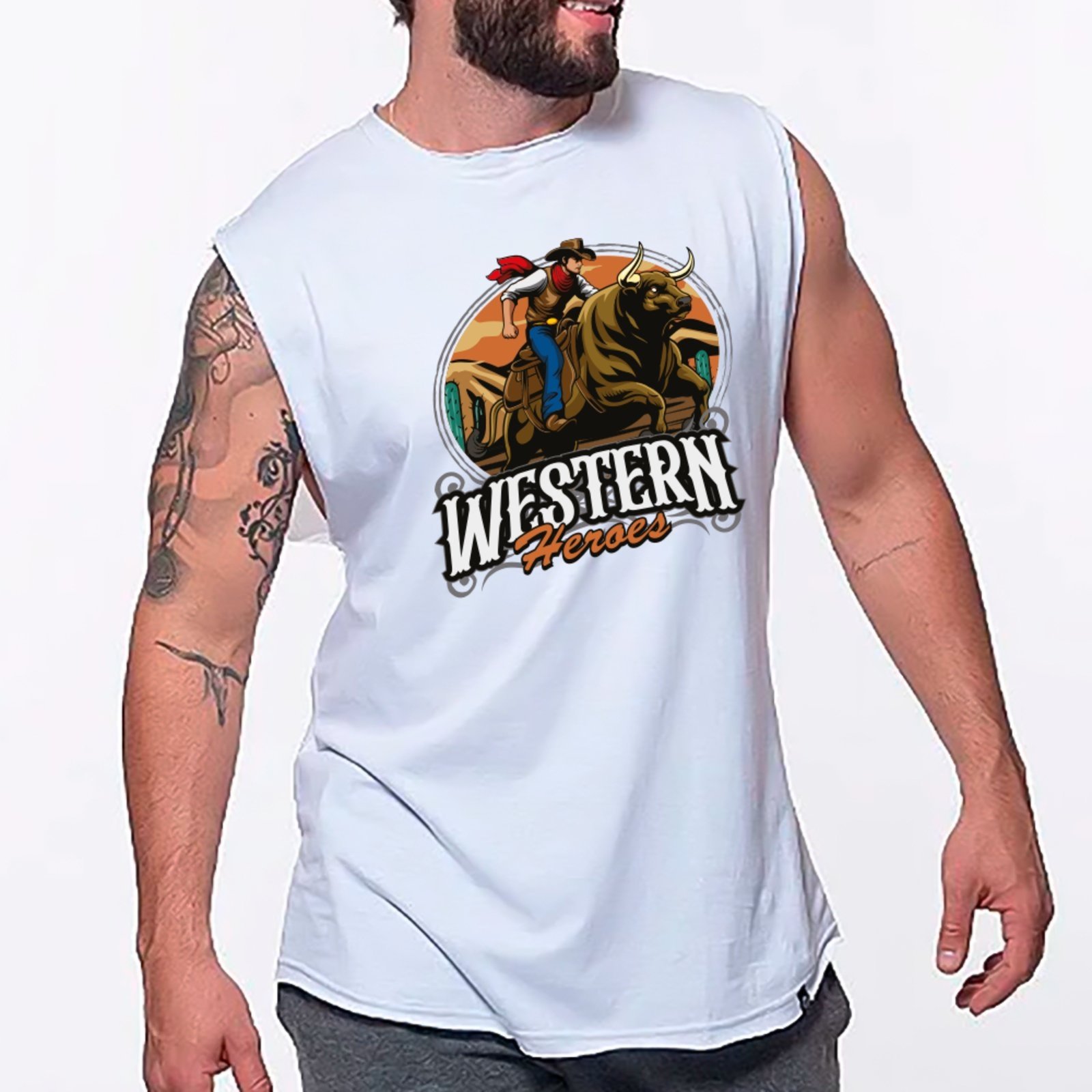 Camiseta Regata Machão Country Western Heroes Estilo Cowboy Masculina Branco