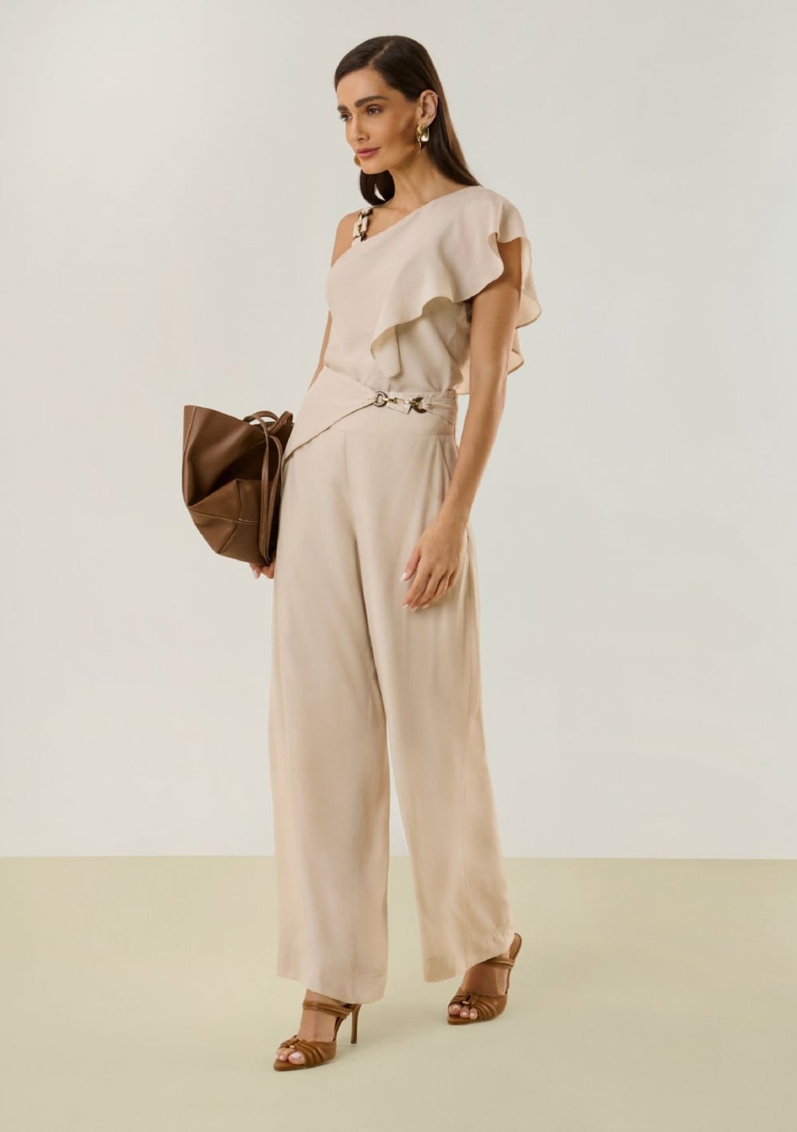 Calça Maria Valentina Pantalona Alta Bege