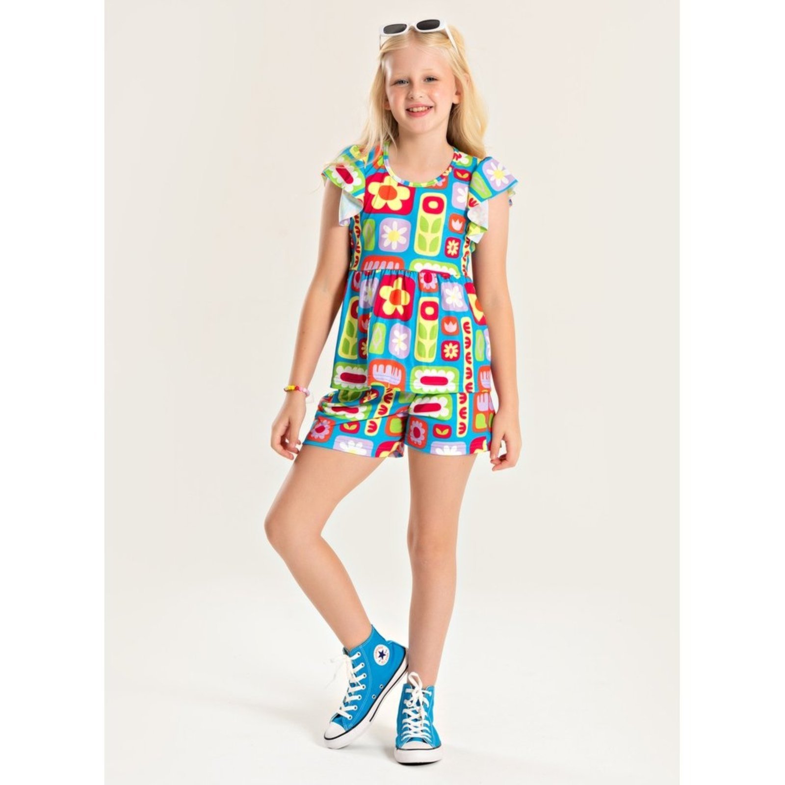 Infantil – Conjunto Verão Menina Azul Cropped Com Babado e Shorts Florzinhas Retrô