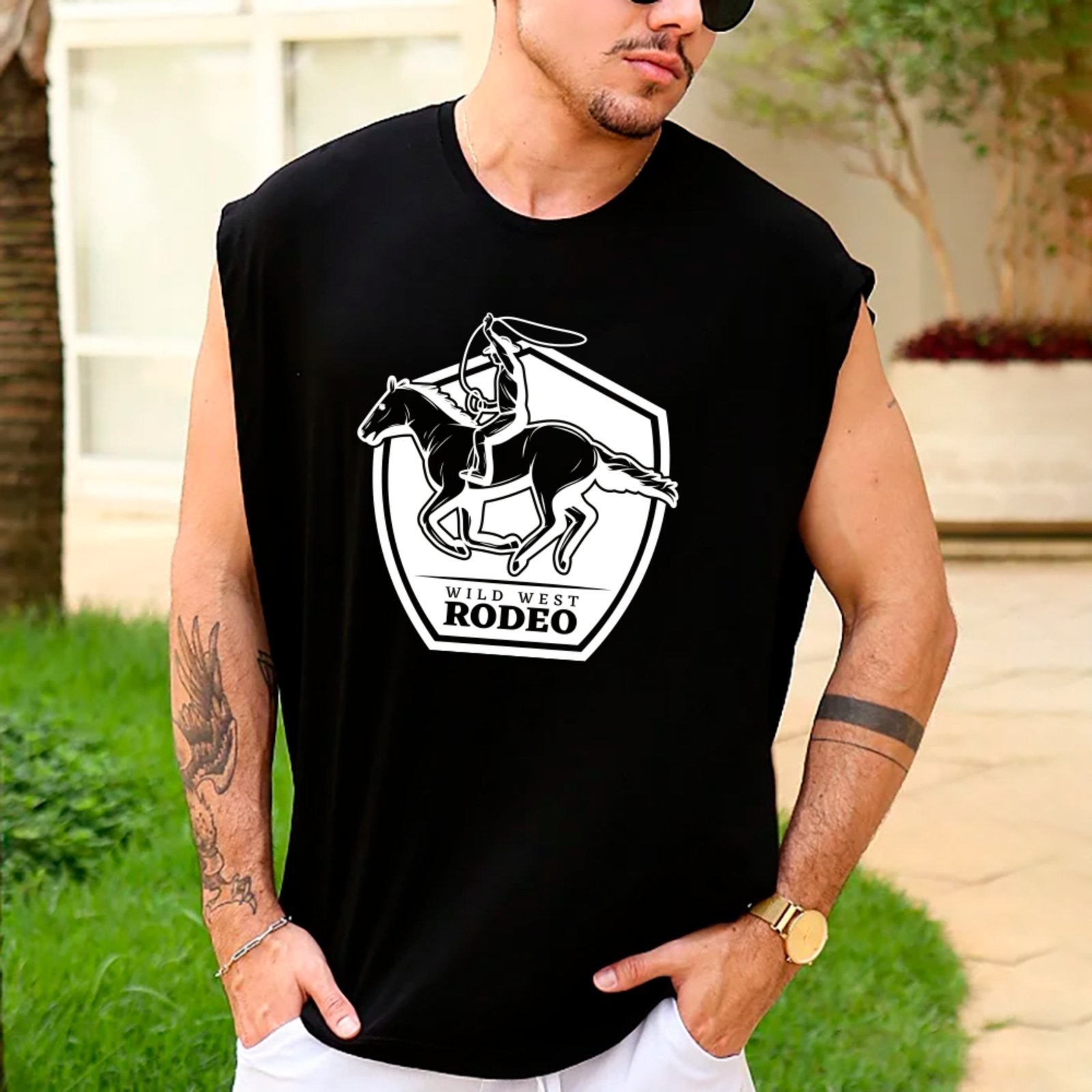 Vista 2 Camiseta Regata Machão Country Wild West Rodeo Visual Exclusivo Masculina ousy preto ousy preto