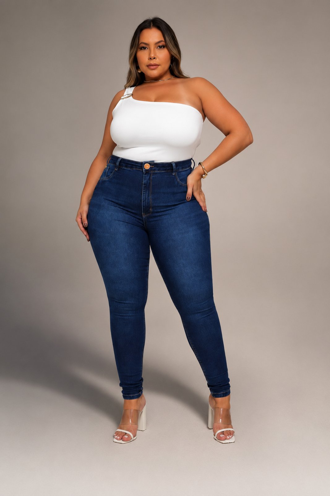 Calça Jeans Cigarrete Plus Size Super Lipo Cintura Alta Modeladora Feminina com Elastano