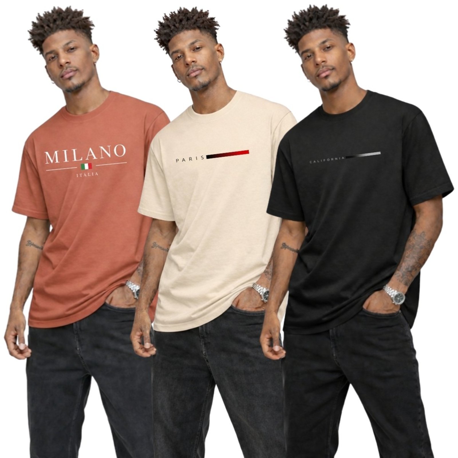 Kit 3 Camisa Masculina Camiseta Gola Redonda Algodão Cidades
