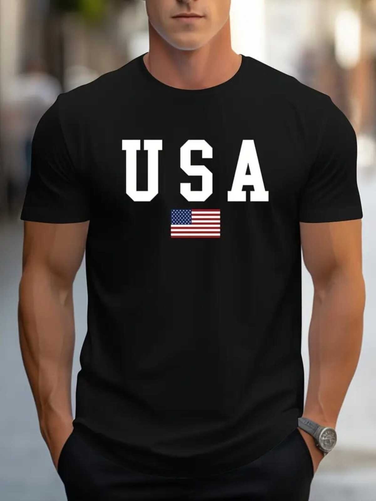 Camiseta Estampada USA Bandeira Safira Moda Algodão Preto