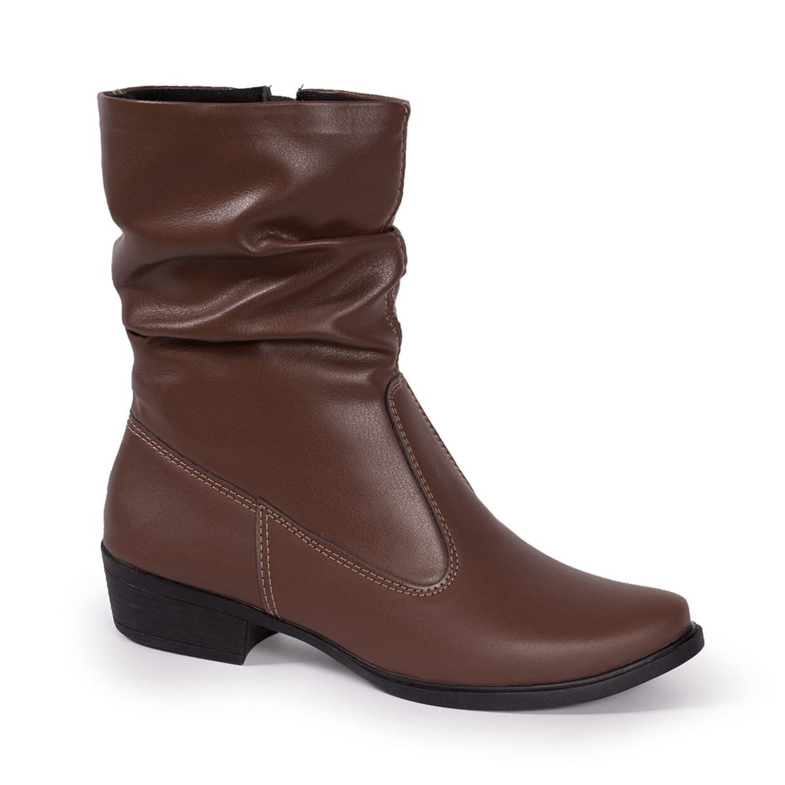 Bota Feminina Slouch Enrugada Franzida Flat Cano Baixa Confortável Via Angel 10601 Caramelo