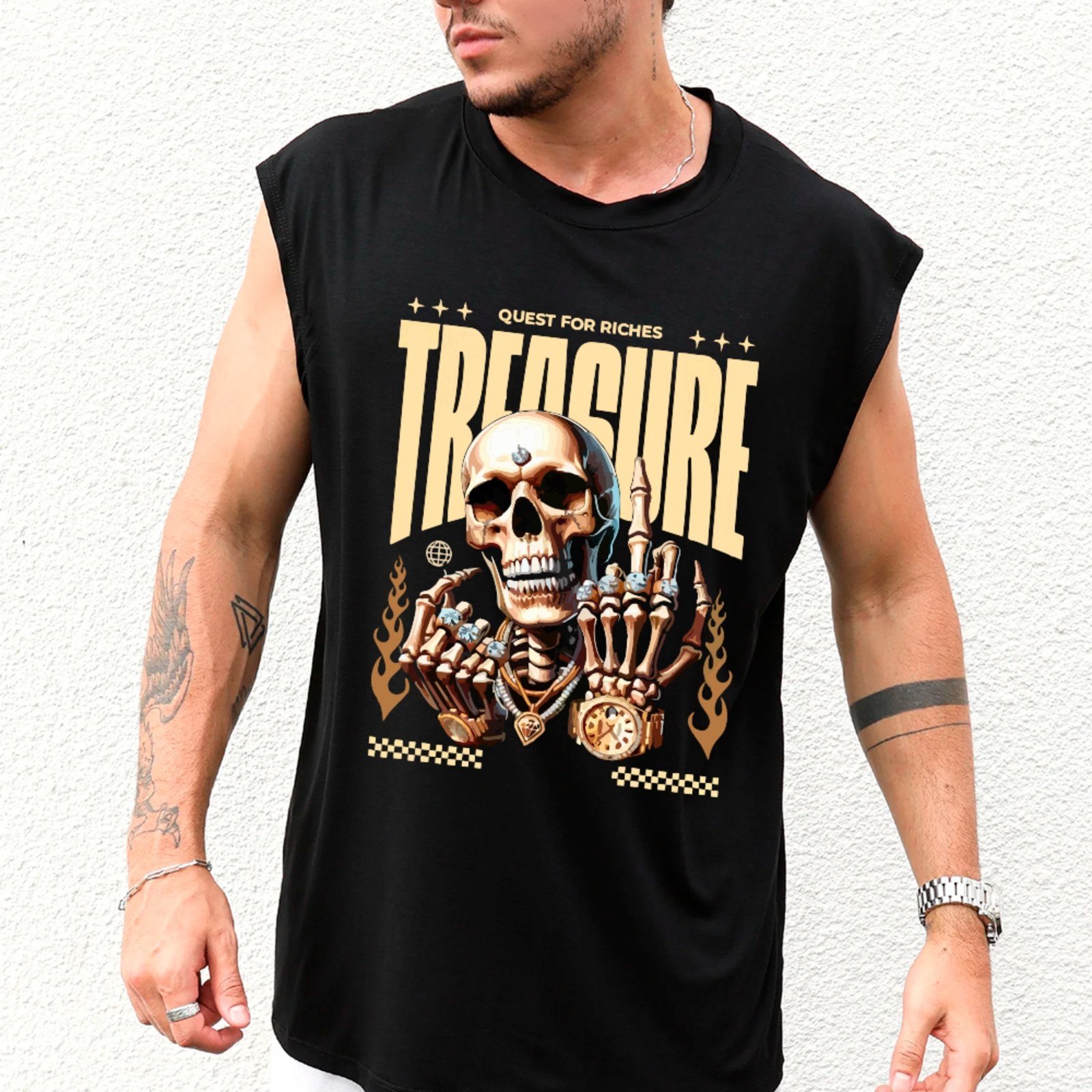 Camiseta Regata Machão Ousy Caveira de Ouro Tesouro Poder Oversized Masculina Preto