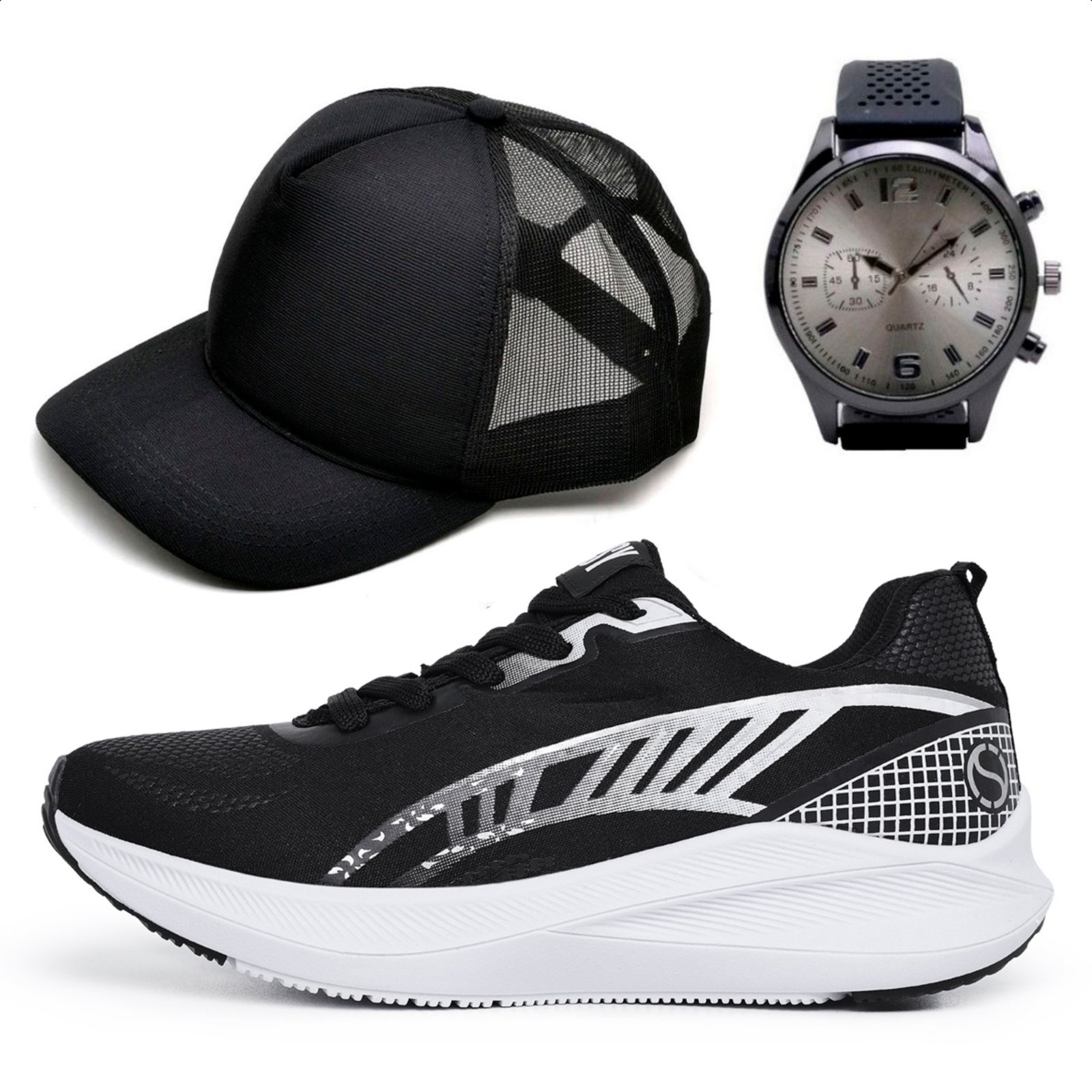 Tênis Masculino Esportivo Izabella Helena Treino Academia Caminhada Fitness Leve Confortável + Boné e Relógio Preto