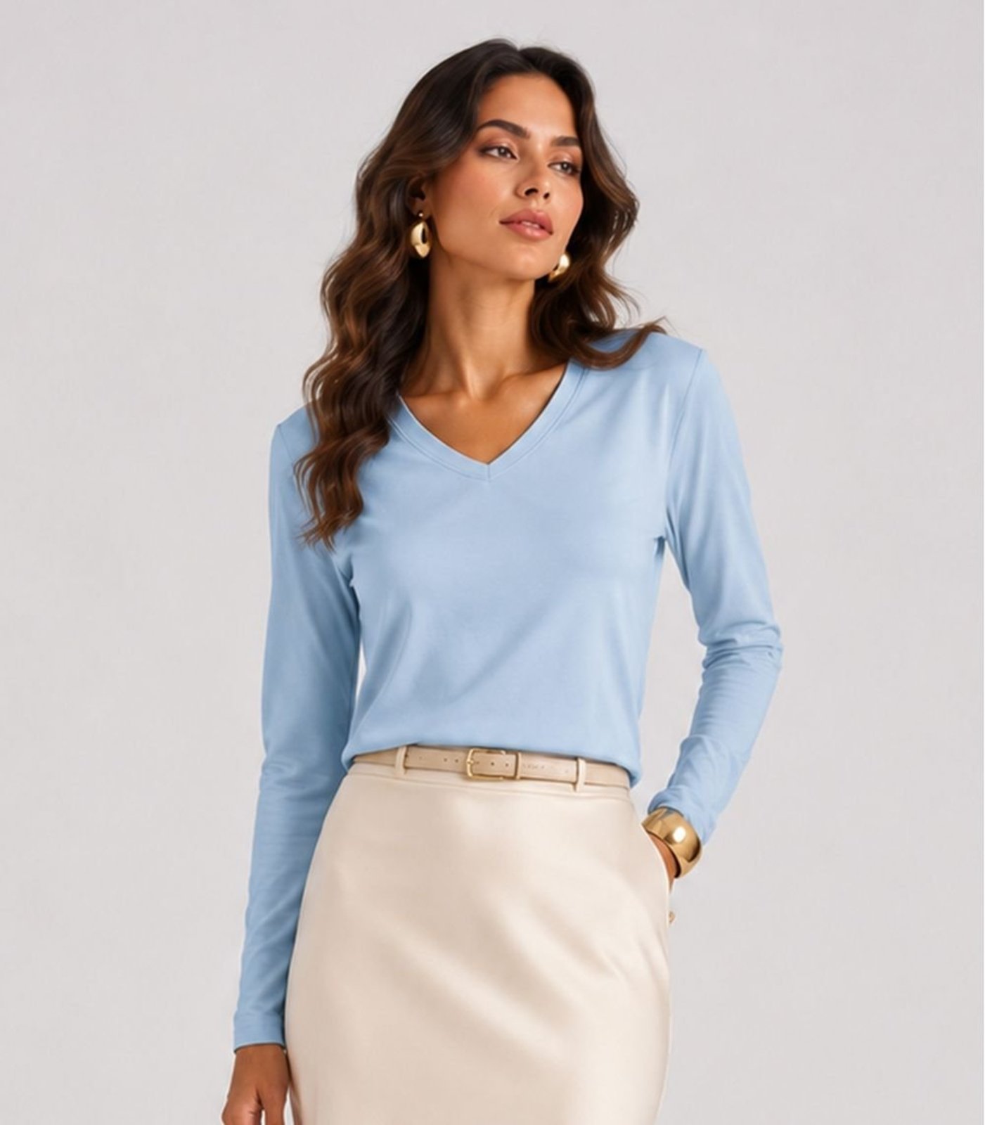 Blusa Feminina Manga Longa Decote V Infinita Cor Azul