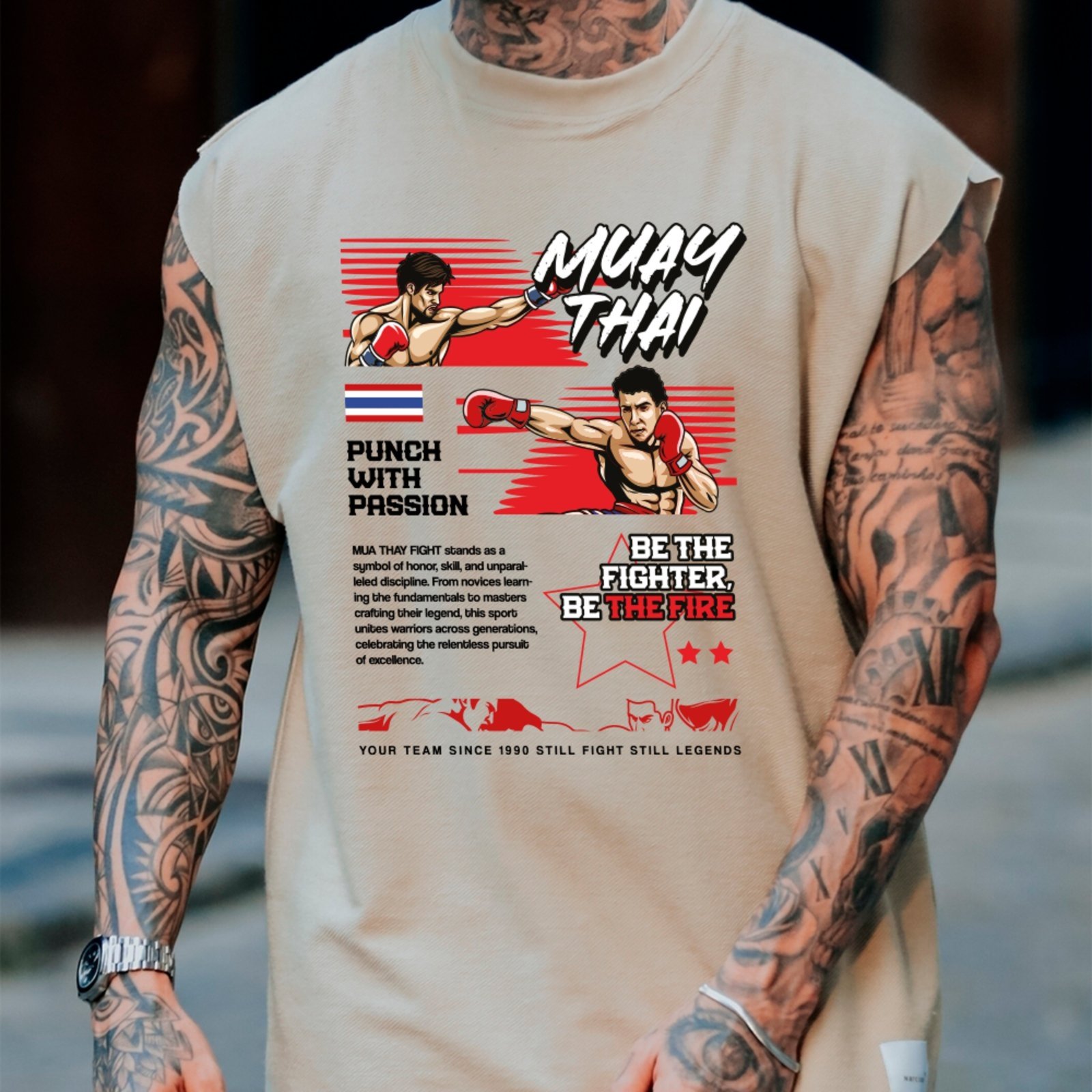 Camiseta Regata Machão Ousy Força e Foco Muay Thai Oversized Masculina Off White