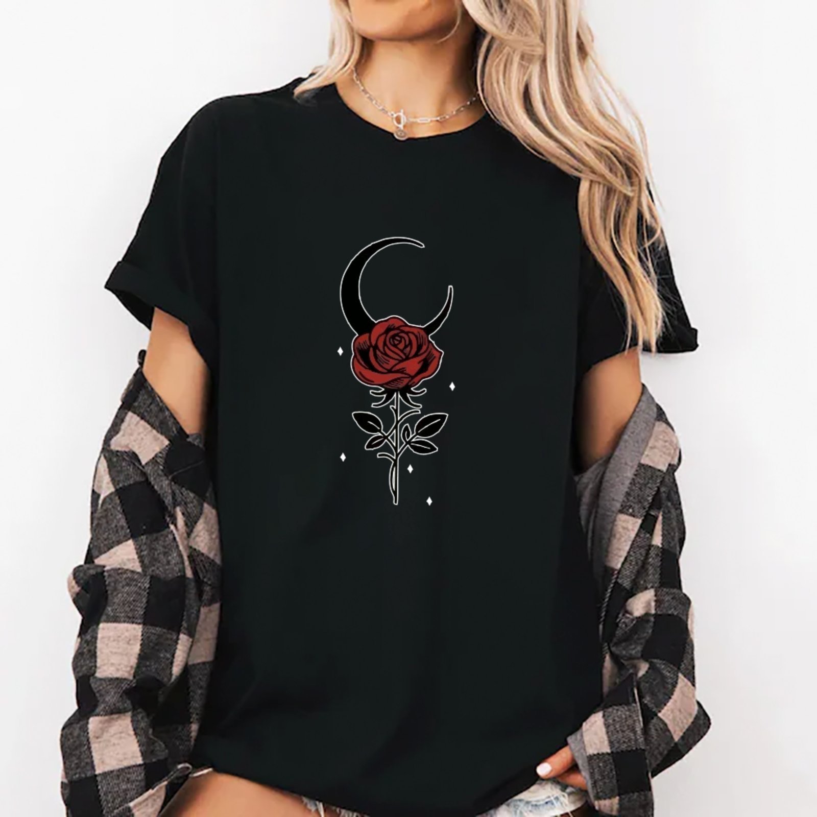 Camiseta Ousy Rosa e Lua Crescente Oversized Unissex Preto