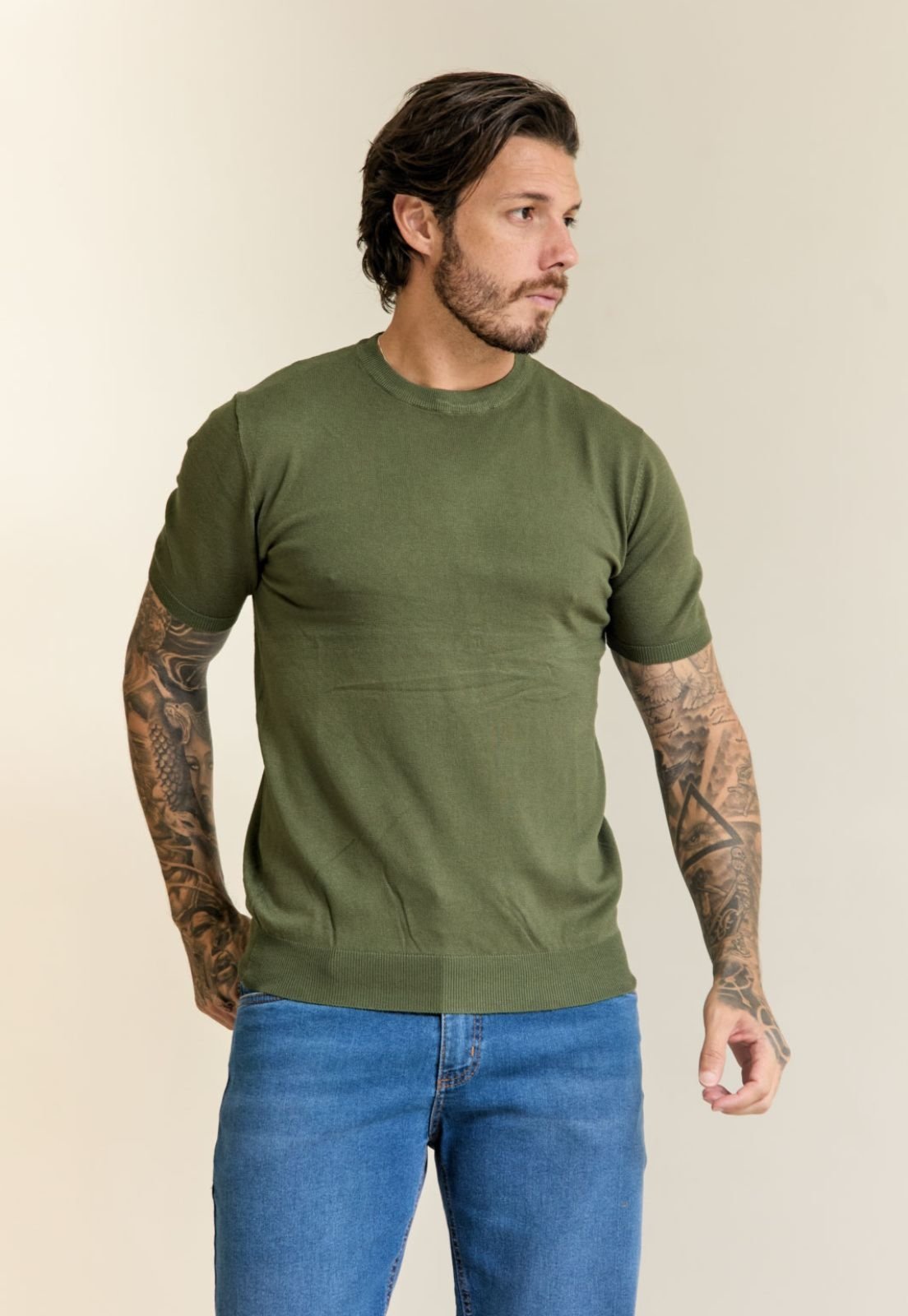 Camiseta Tricot Masculina Color Gola Careca Dialogo Verde