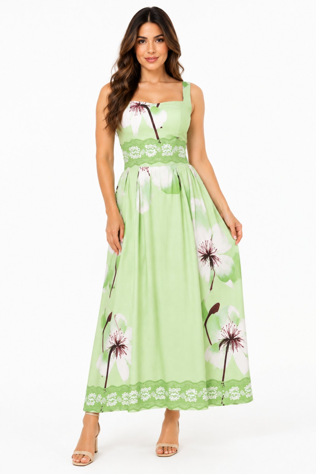 Vestido Longo D Bell Outlet Fashion Floral Decote Quadrado Verde