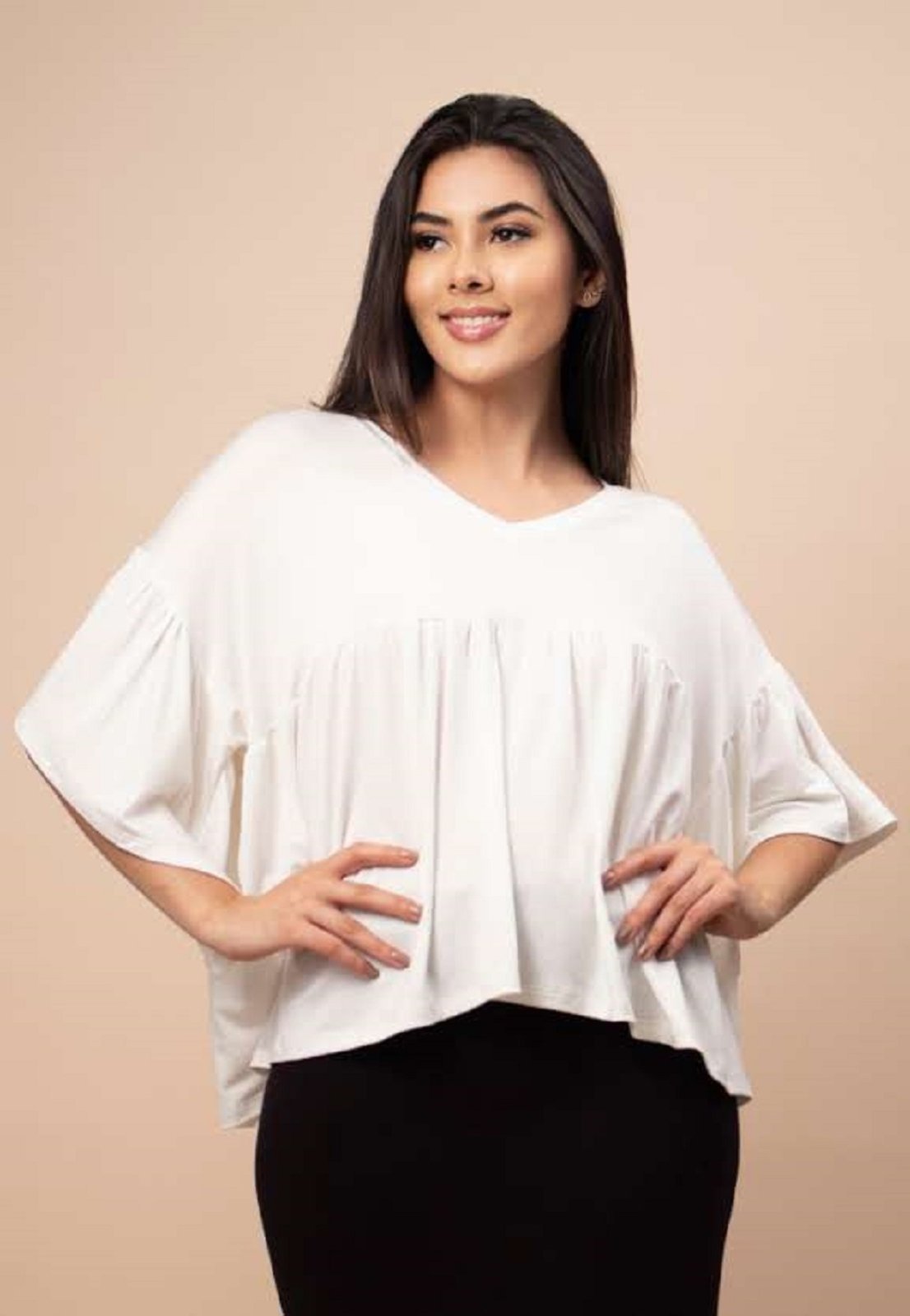 Blusa Bata Fulô Babado Malha Off White