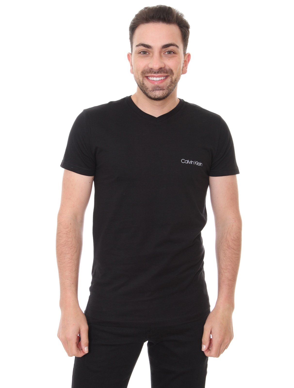 Camiseta Calvin Klein Swimwear Masculina V-Neck Slim Fit Logo Preta