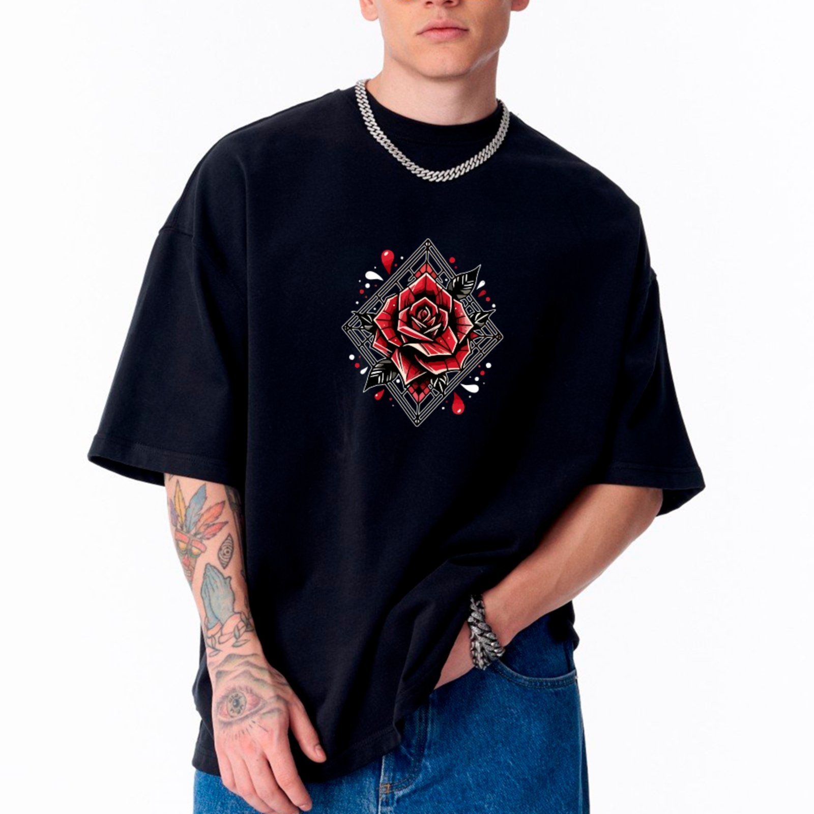 Camiseta Ousy Rosa Vermelha Detalhes Abstratos Oversized Unissex Preto