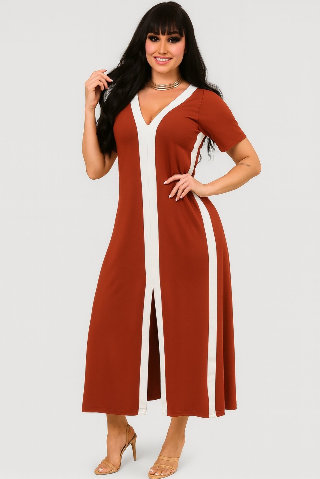 Vestido Longo D Bell Outlet Fashion Gola V Vermelho