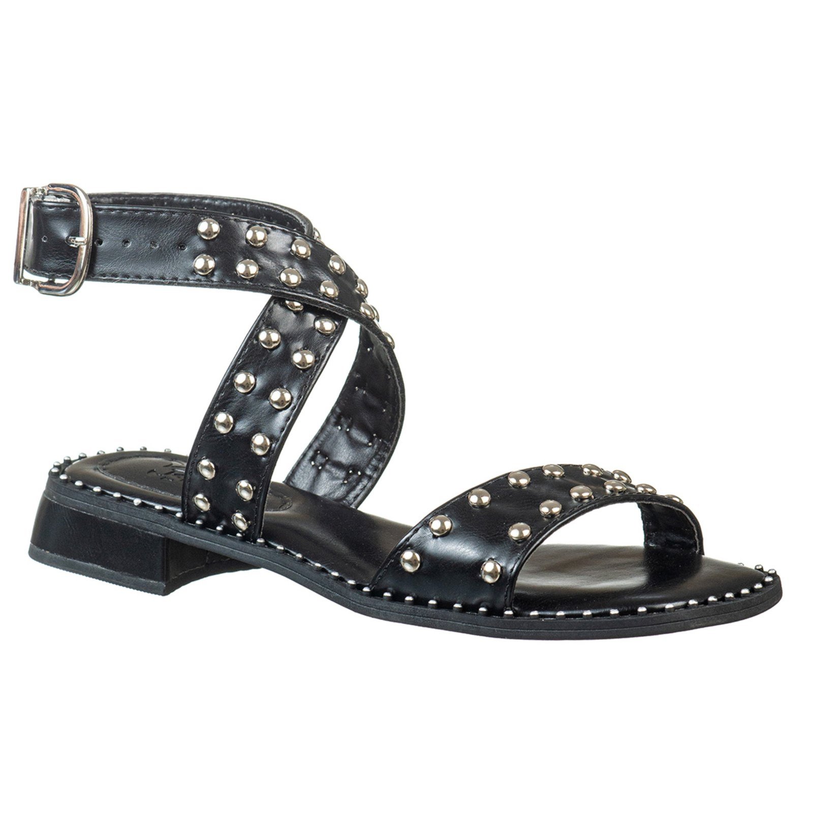 Sandália Feminina Estilo Rock Chic C/ Tachas E Salto Baixo- Via Birigui PRETO