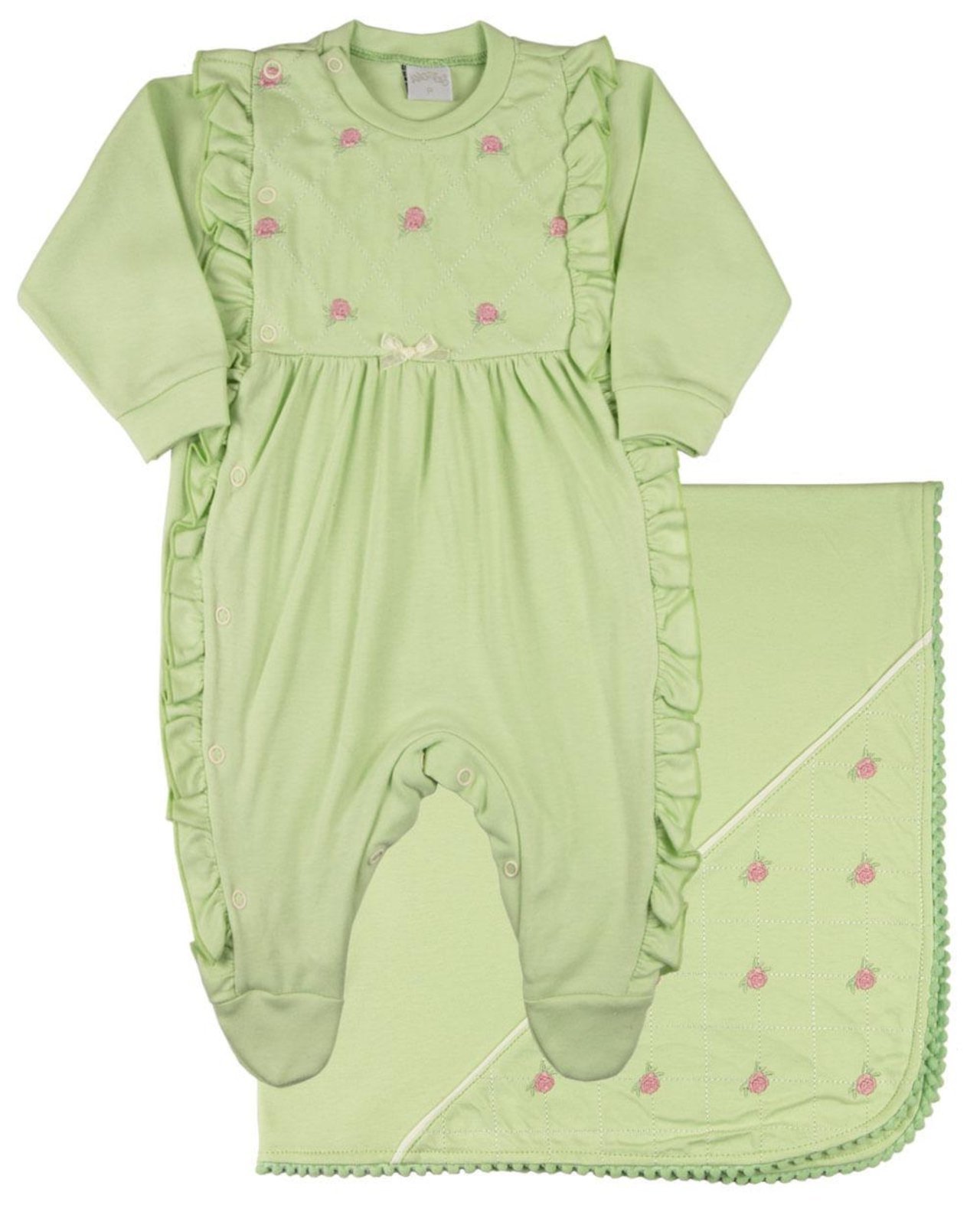 Infantil – Saída Maternidade Menina Suedine Algodão Verão Bordada Rosas e Manta com Pompom – Verde