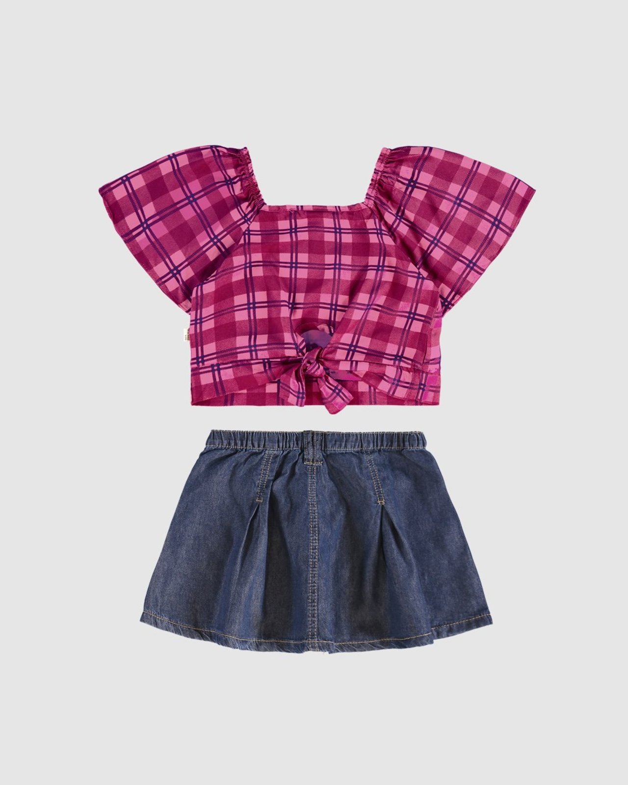 Infantil - Conjunto Menina Blusa Xadrez + Saia Jeans Malwee