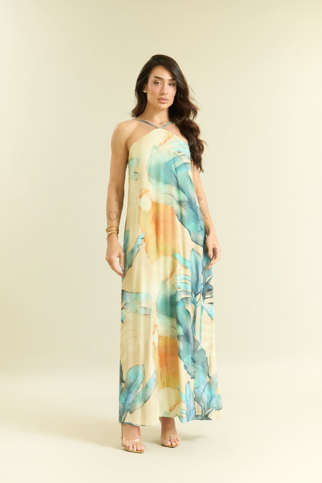Vestido Longo Tropical Feminino Detalhe Nas Costas Lemier Collection Amarelo