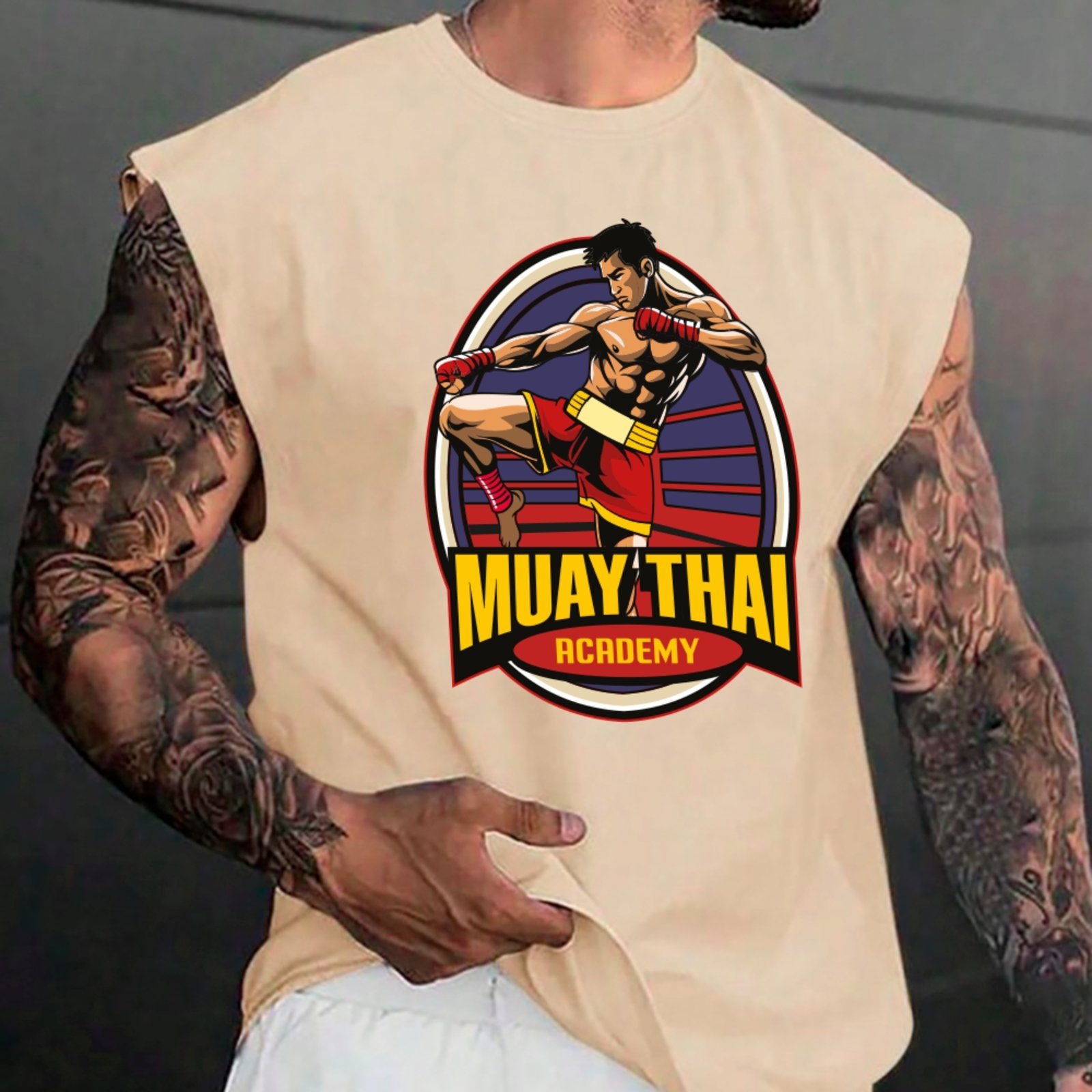 Camiseta Regata Machão Ousy Muay Thai Academy Oversized Masculina Off White