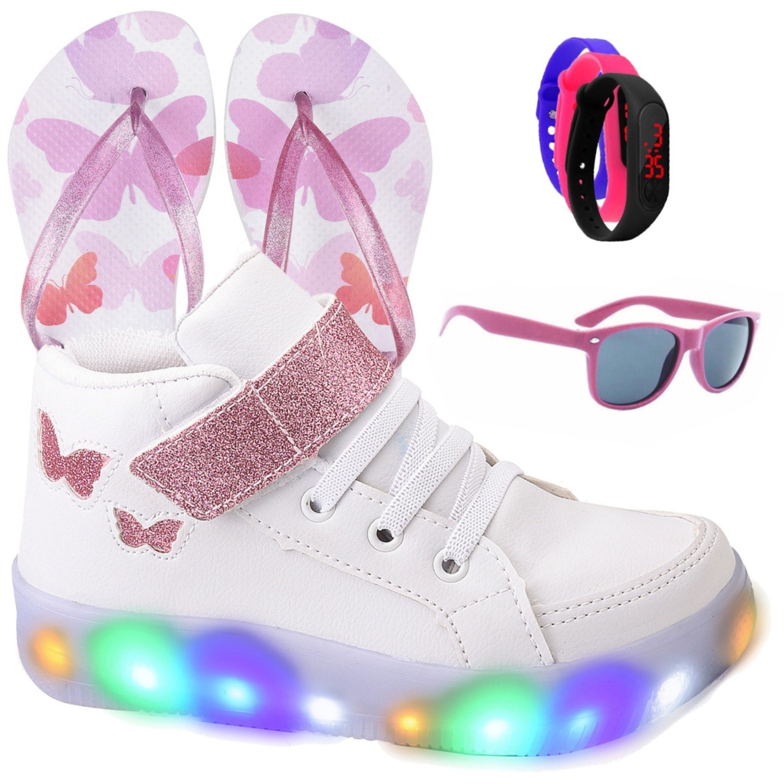 Infantil – Kit Tênis De Led Botinha Borboleta Branco Meninas Brilhante Chinelo Óculos Relógio