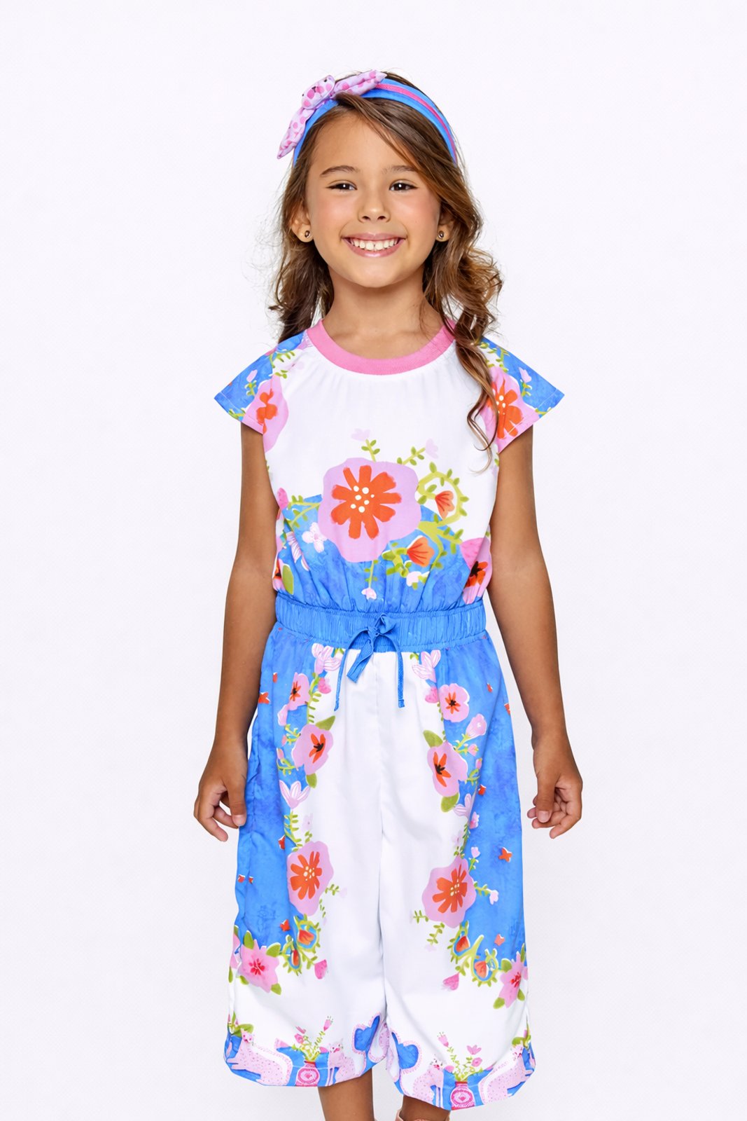 Infantil - Macacão Florescendo Corações Pantacourt Manga Curta Azul Branco