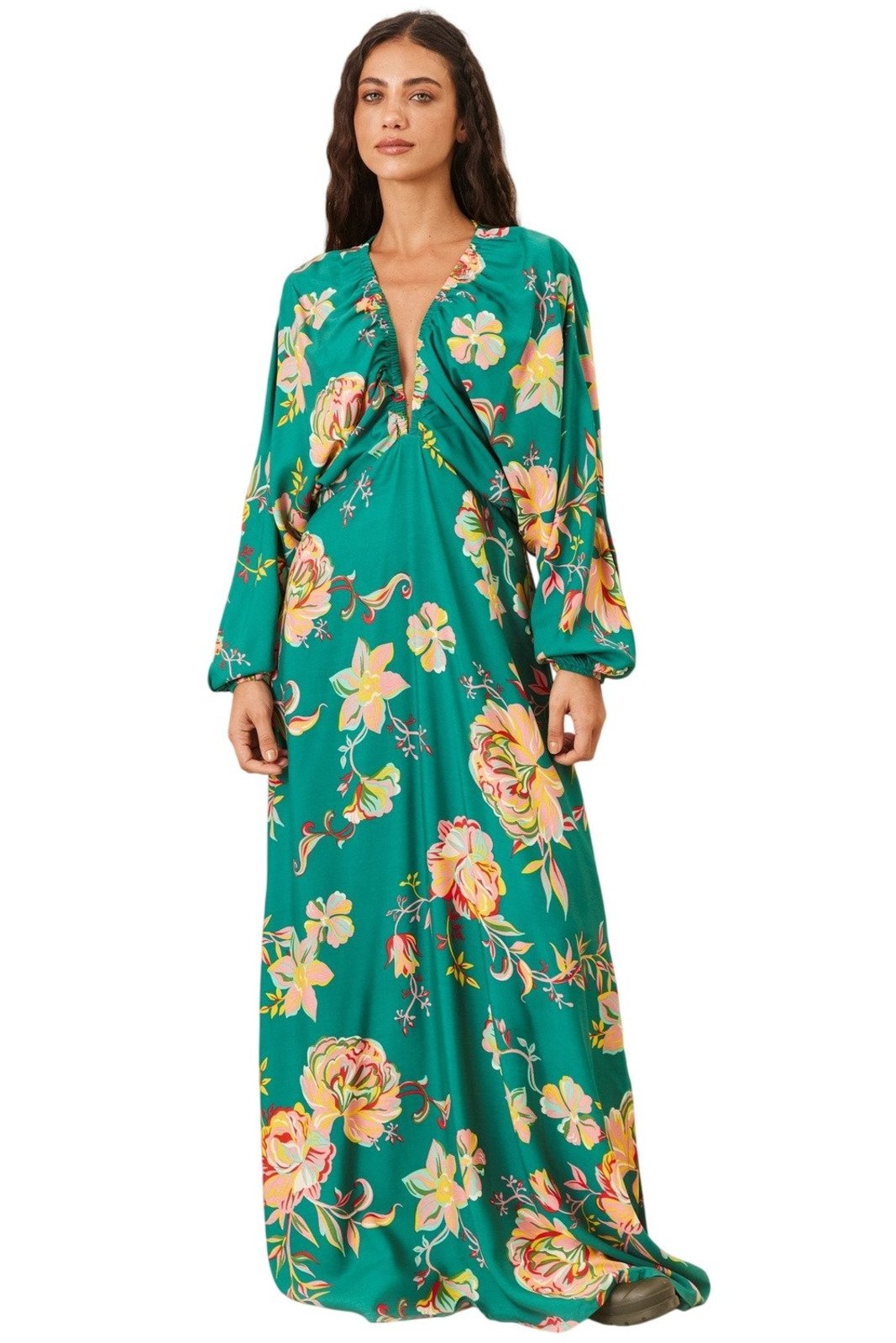 Vestido Longo Com Mangas Bufantes Verde Estampado Yacamim E4 - Estampado