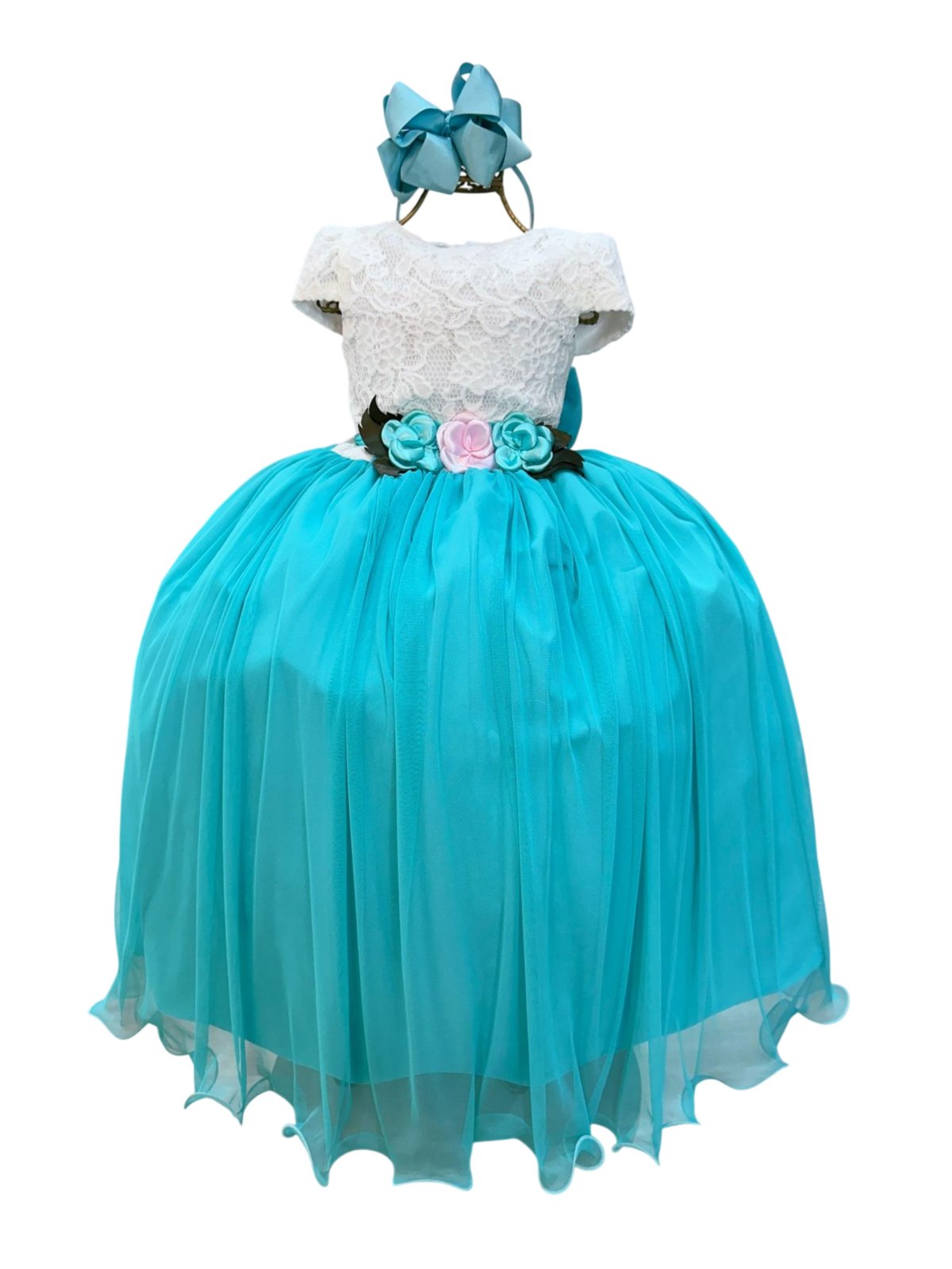 Infantil - Vestido Festa Longo Off White Saia Verde Azul Turquesa Tiffany Dama Daminha Casamento Formatura Social Menina Juvenil Juvenil Princesa Rodado Aniversário Luxo