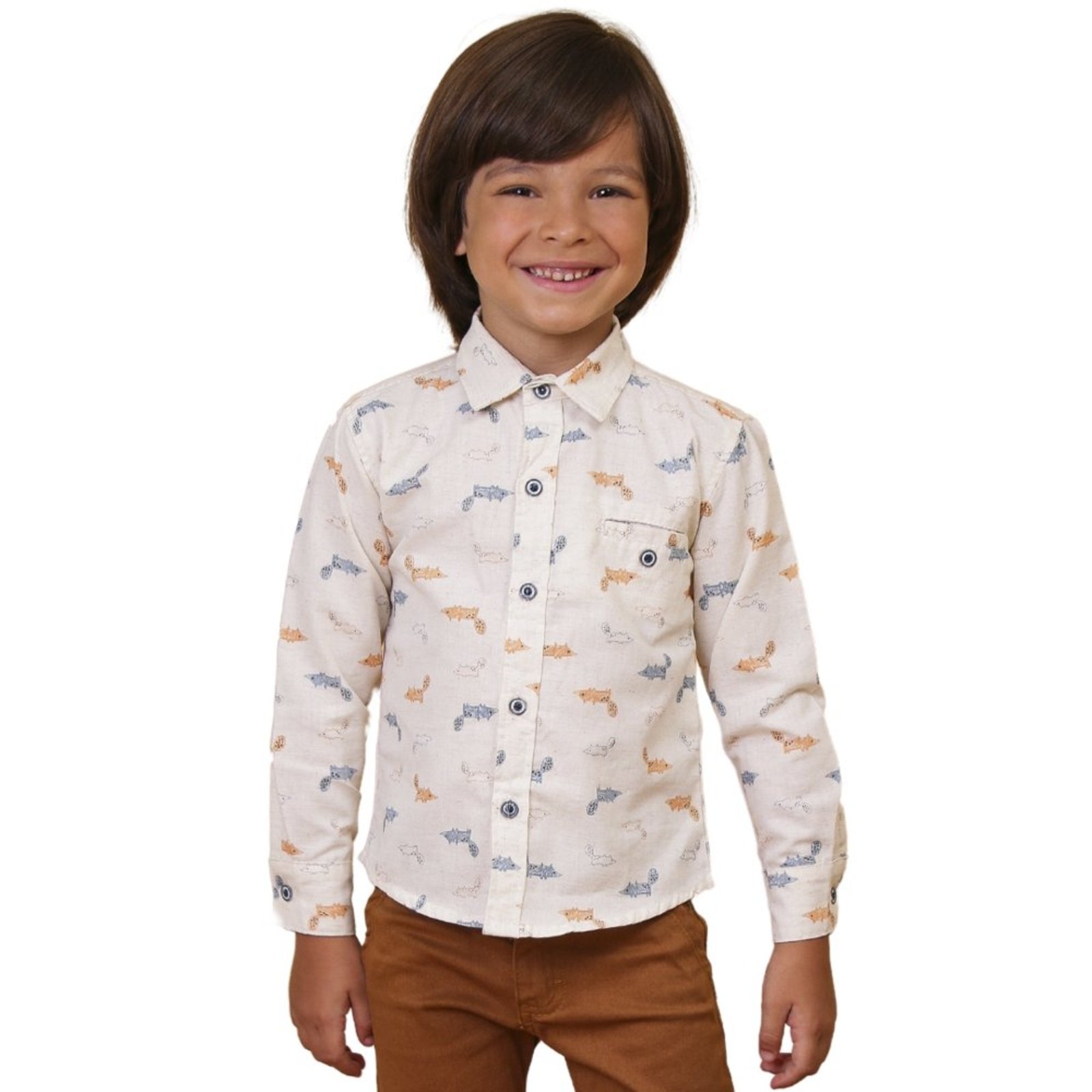 Infantil - Camisa Look Jeans Estampada Bege