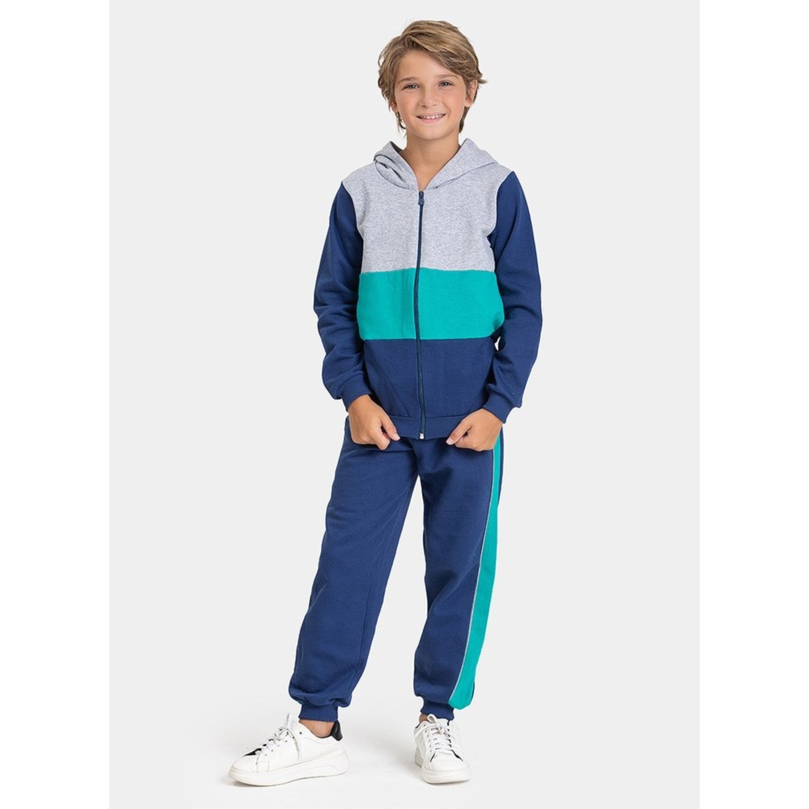 Infantil - Conjunto Inverno Menino Mescla Jaqueta com Capuz e Calça em Moletom com Recortes