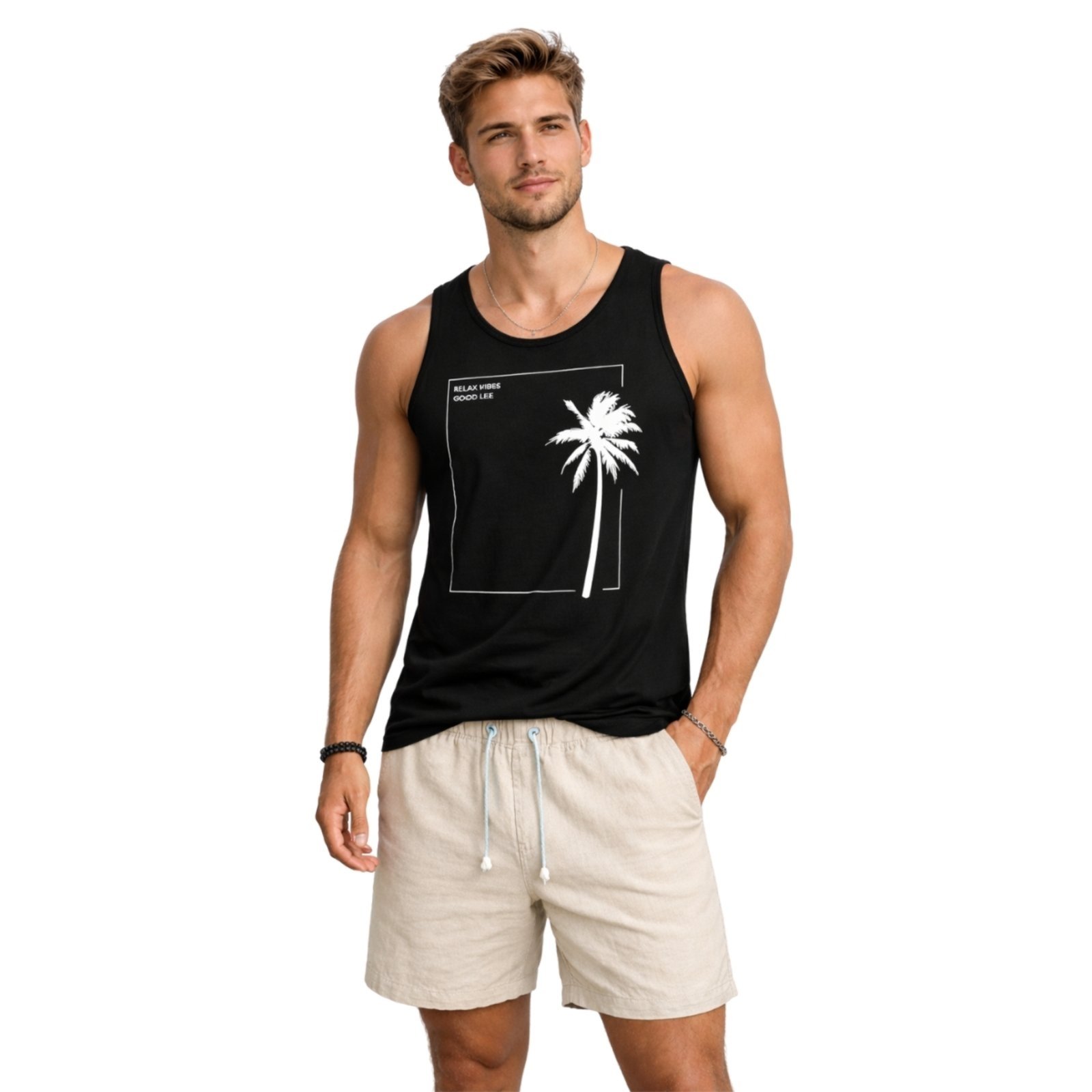 Vista 2 Conjunto Regata Coqueiro e Short Linho Premium Bermuda Masculina Moda Praia Luxo Relaxado preto Relaxado preto