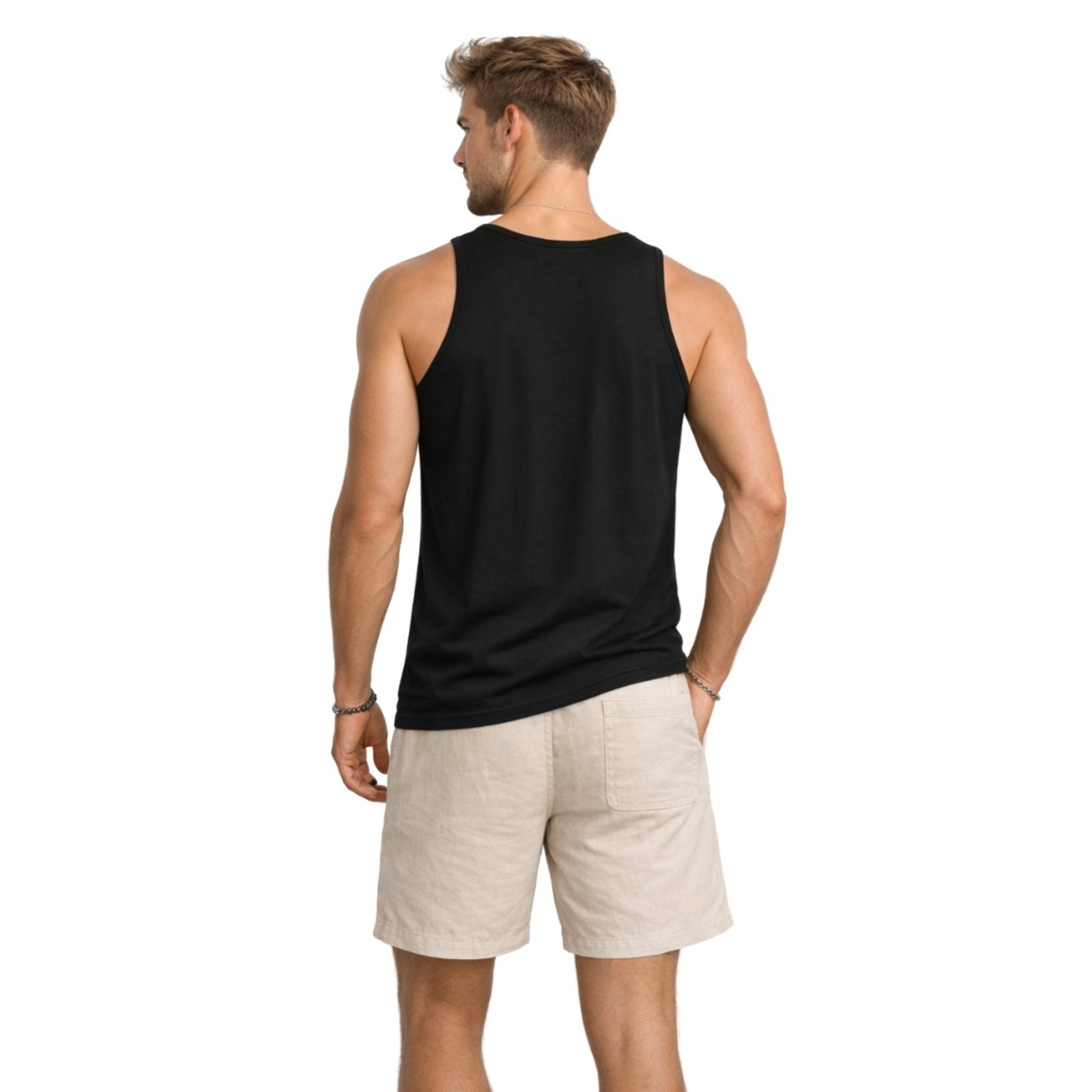 Vista 3 Conjunto Regata Coqueiro e Short Linho Premium Bermuda Masculina Moda Praia Luxo Relaxado preto Relaxado preto