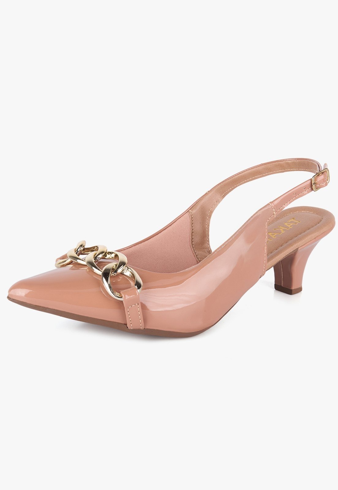 Scarpin Feminina Slingback Takata Salto Baixo Bloco Grosso Corrente Metal Nude