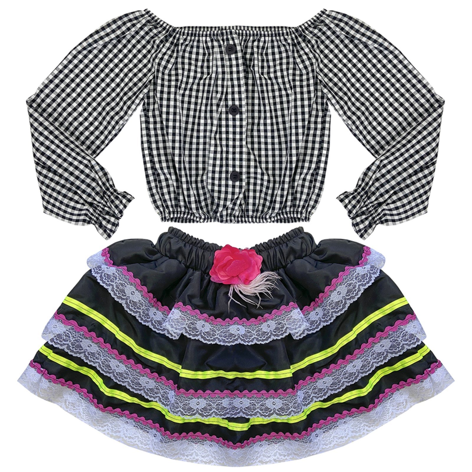 Infantil – Conjunto Juvenil Look Jeans Cropped c/ Saia Xadrez Preta