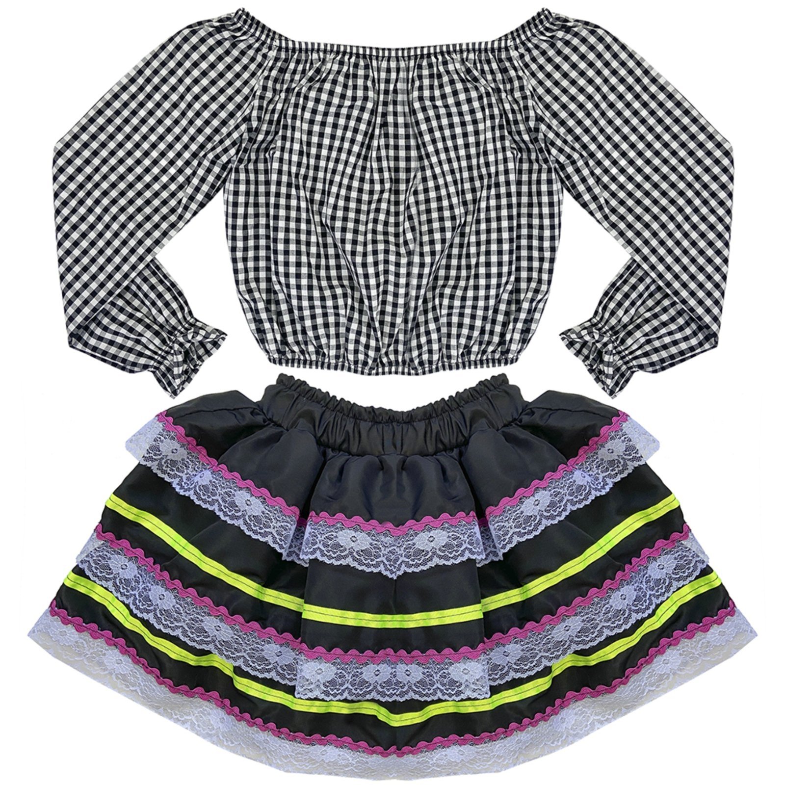 Vista 3 Infantil - Conjunto Juvenil Look Jeans Cropped c/ Saia Xadrez Preta preto Look Jeans preto