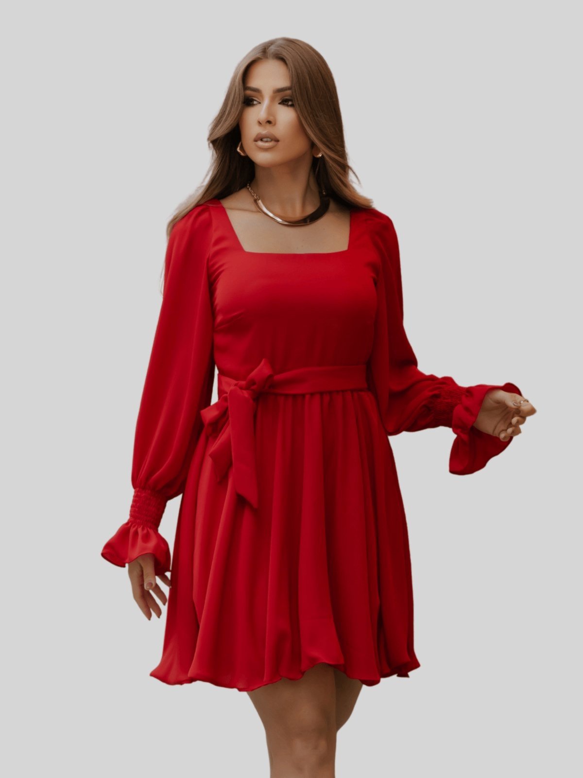 Vestido Miss e Misses Hortensia Curto Crepe Manga Longa C/Faixa Vermelho