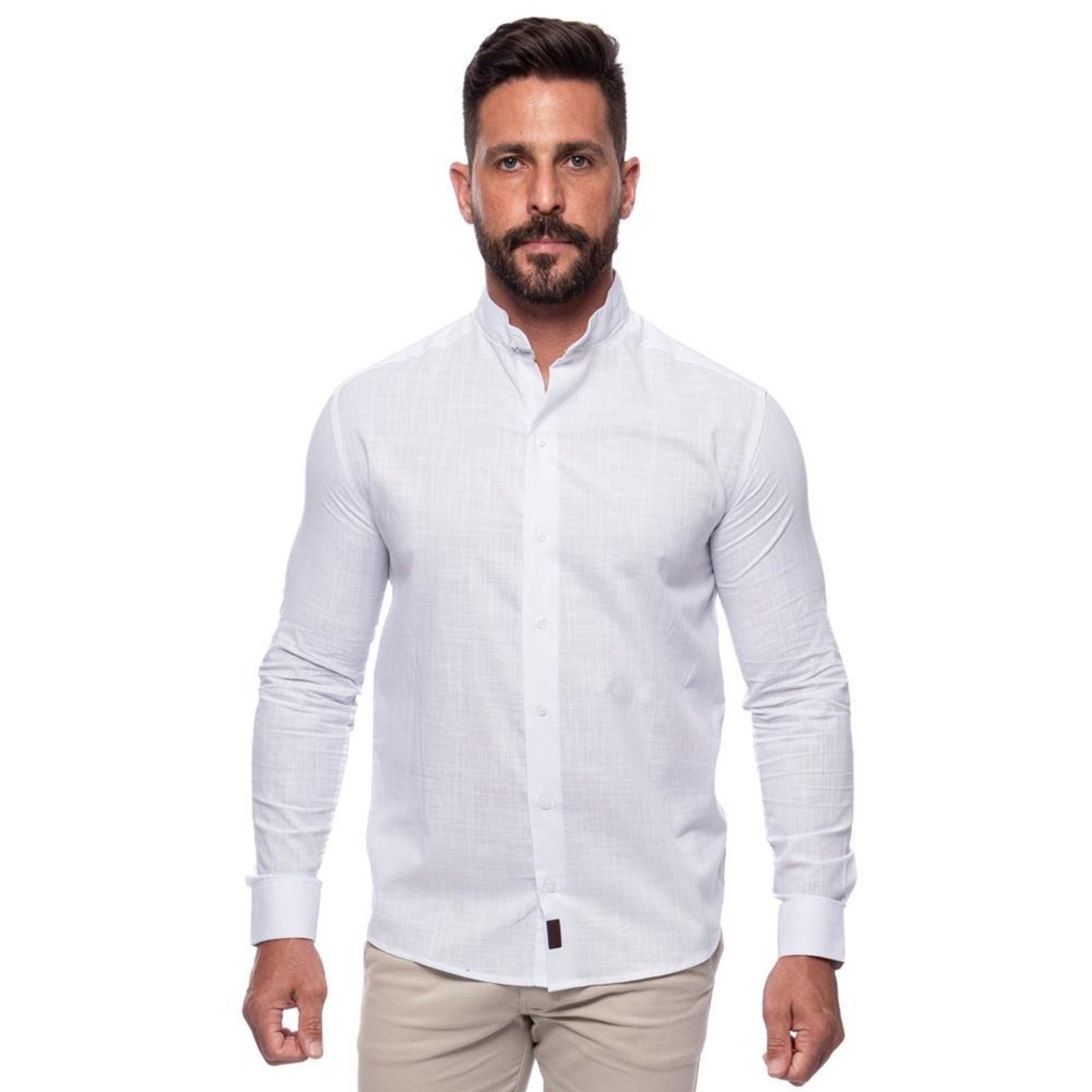 Camisa Masculina Linho Manga Longa Gola Padre Lisa Casual Azul Claro G Branco