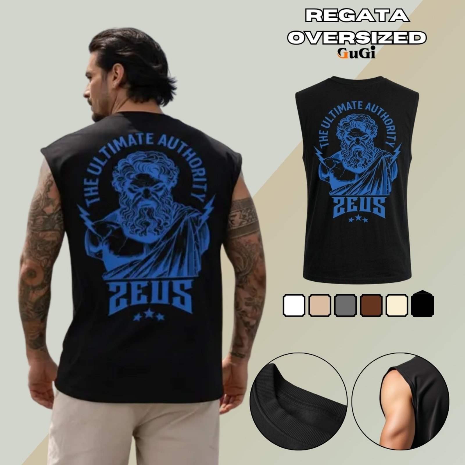 Camiseta Regata Masculina Oversized Estampada Mitologia Grega Zeus 100% Algodão 30.1 - Preto