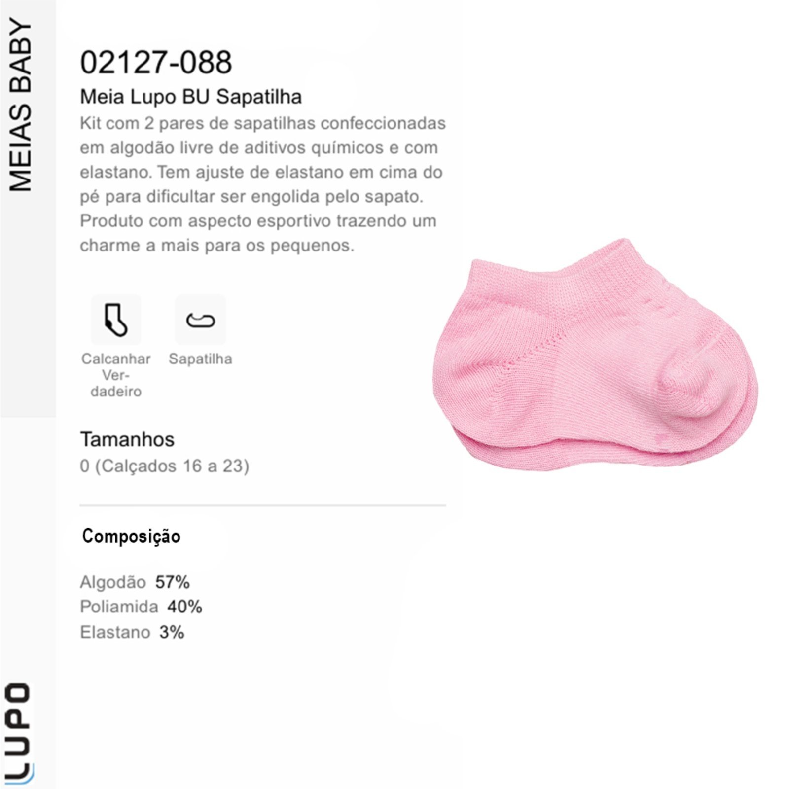 Vista 3 Kit 2 Meia Sapatilha Lupo Baby 02127 branco Lupo branco