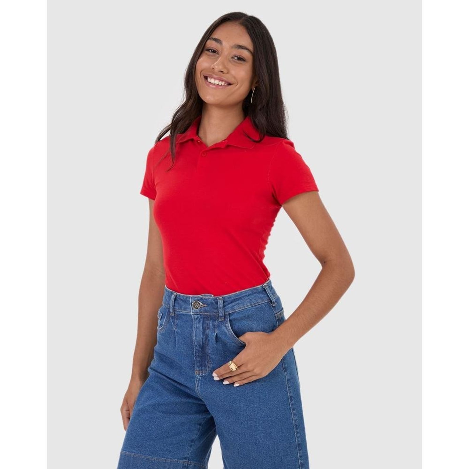 Blusa Polo Básica Feminina Com Peitilho Em Piquet Stretch