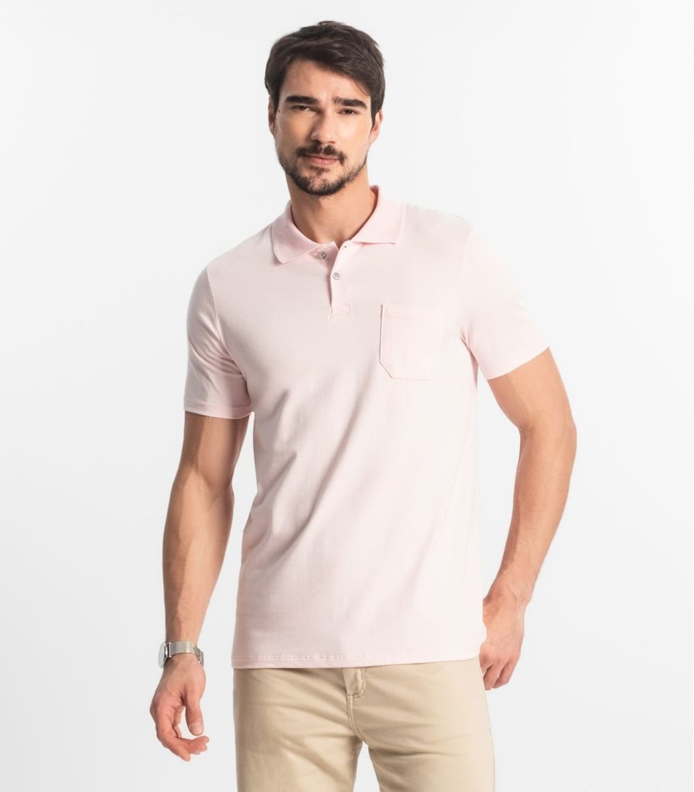 Polo Masculina Com Bolso Cotton Leve Diametro Rosa