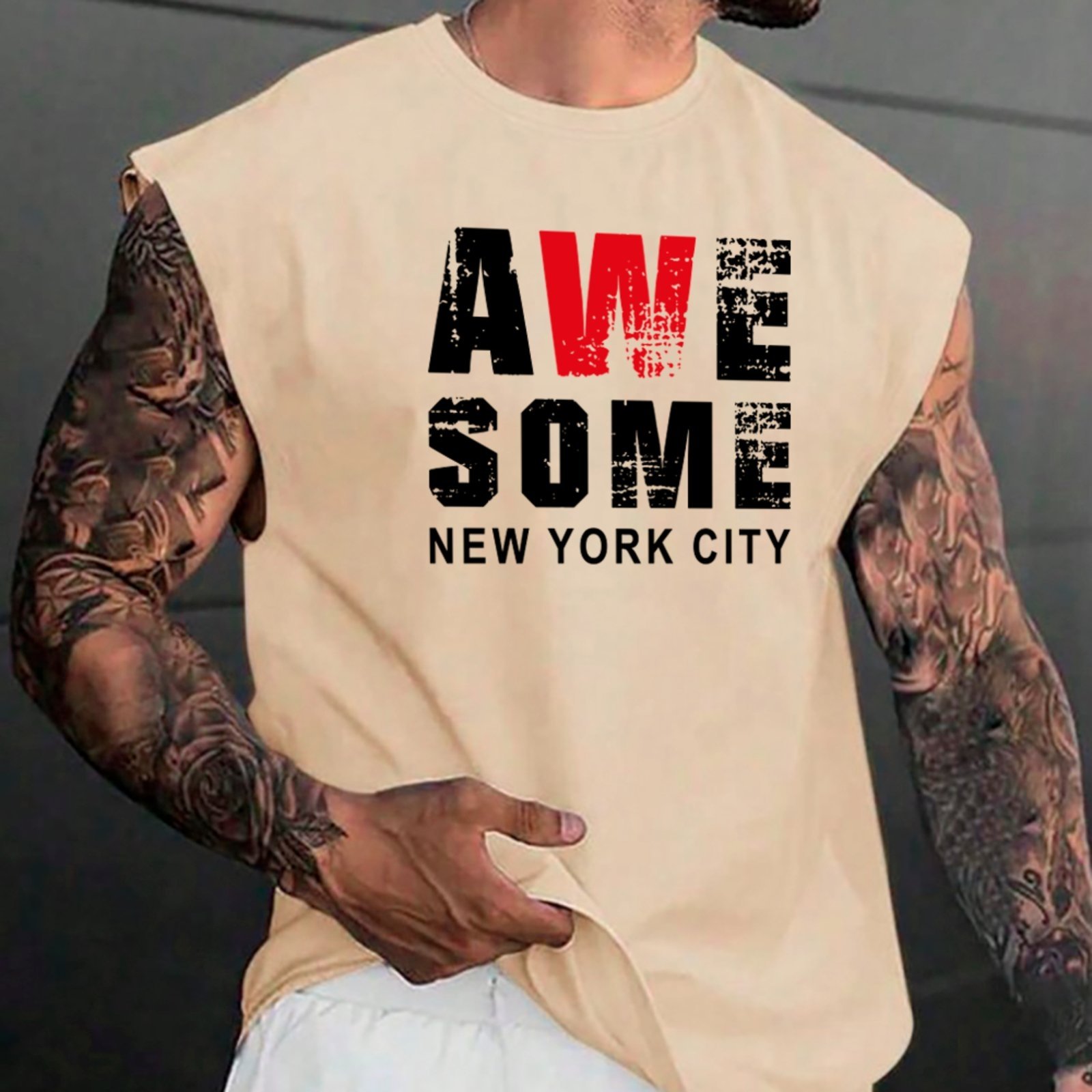Camiseta Regata Machão Ousy Awesome New York City Oversized Masculina Off White