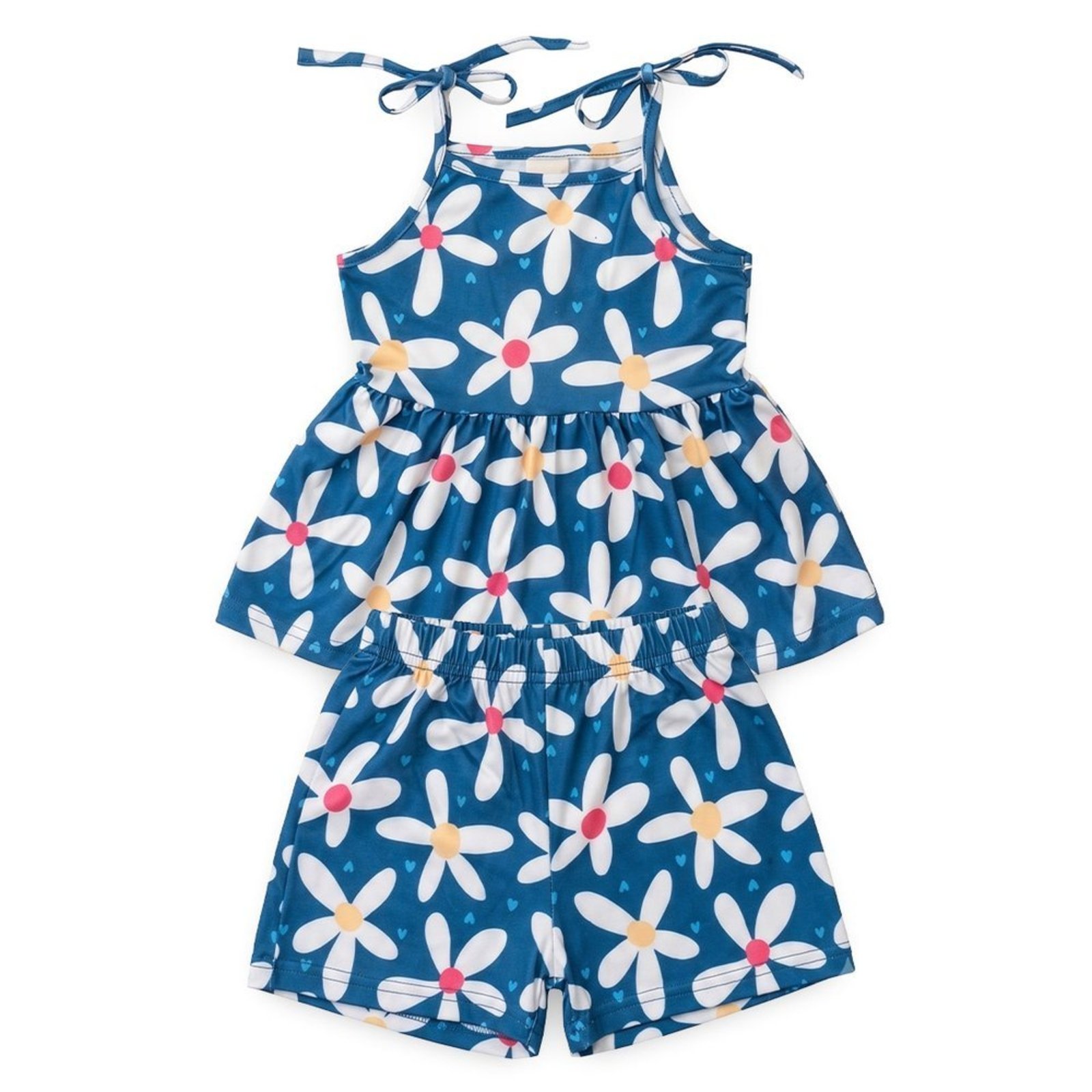 Infantil - Conjunto Verão Menina Azul Cropped Alcinha com Babado e Shorts Flores