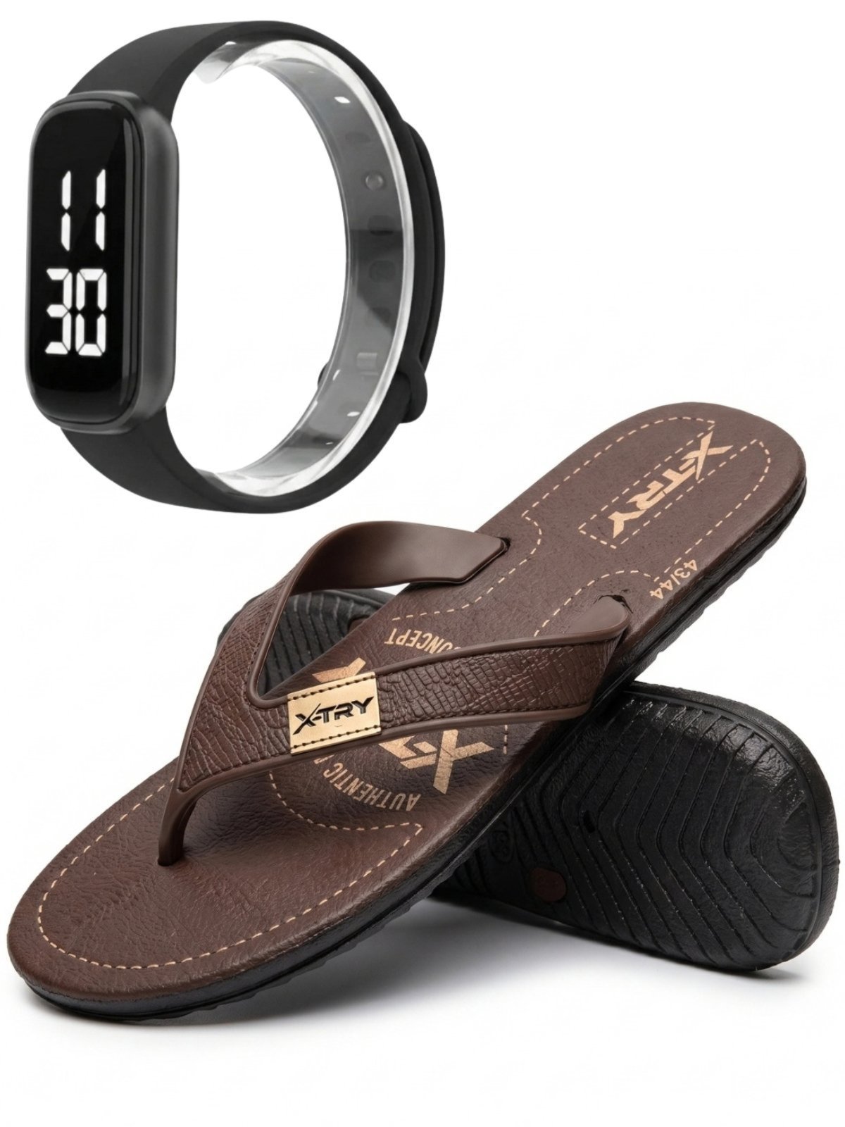Chinelo Masculino De Dedo Casual Sapatofran Marrom + Relógio Ponteiro Kit